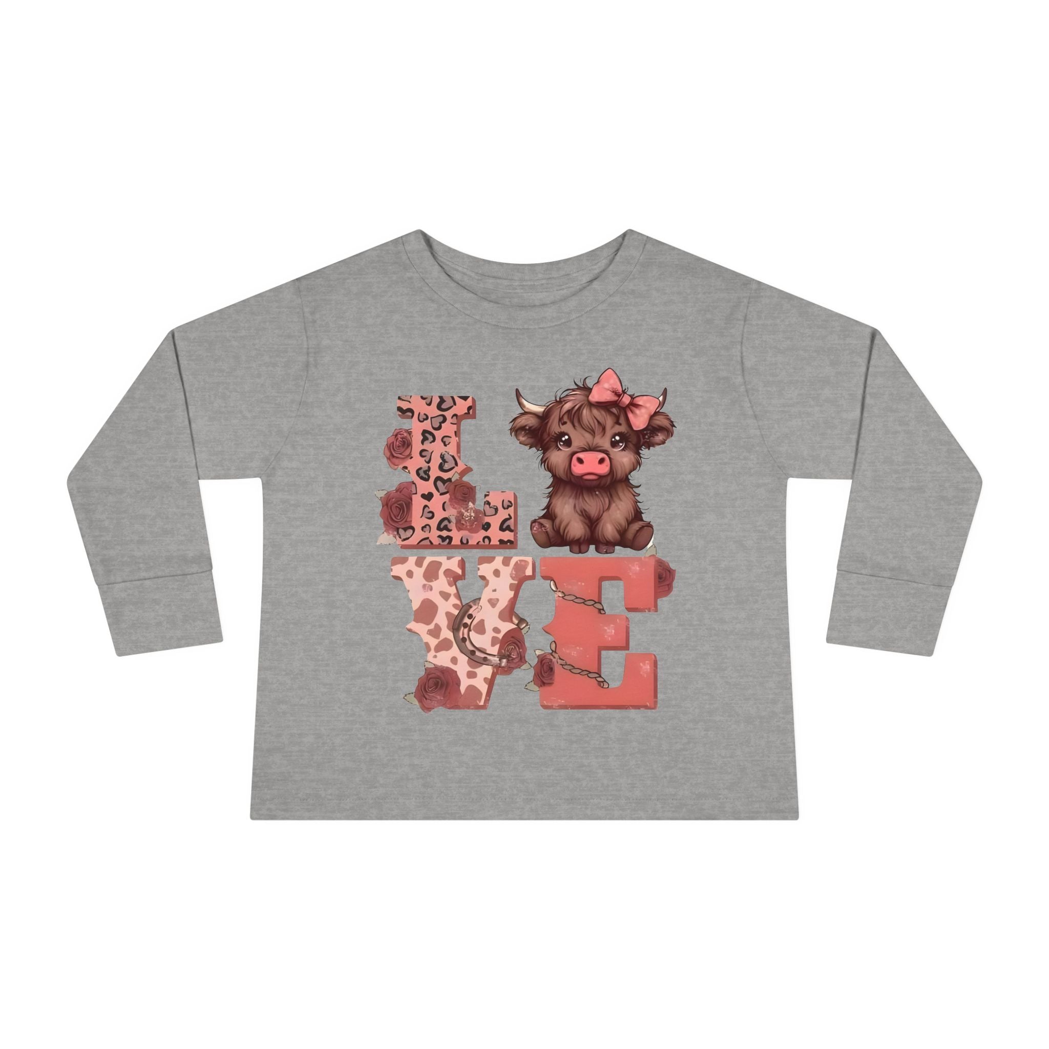 Love Cow Toddler Long Sleeve Tee — Cute Farm Animal Heart Design
