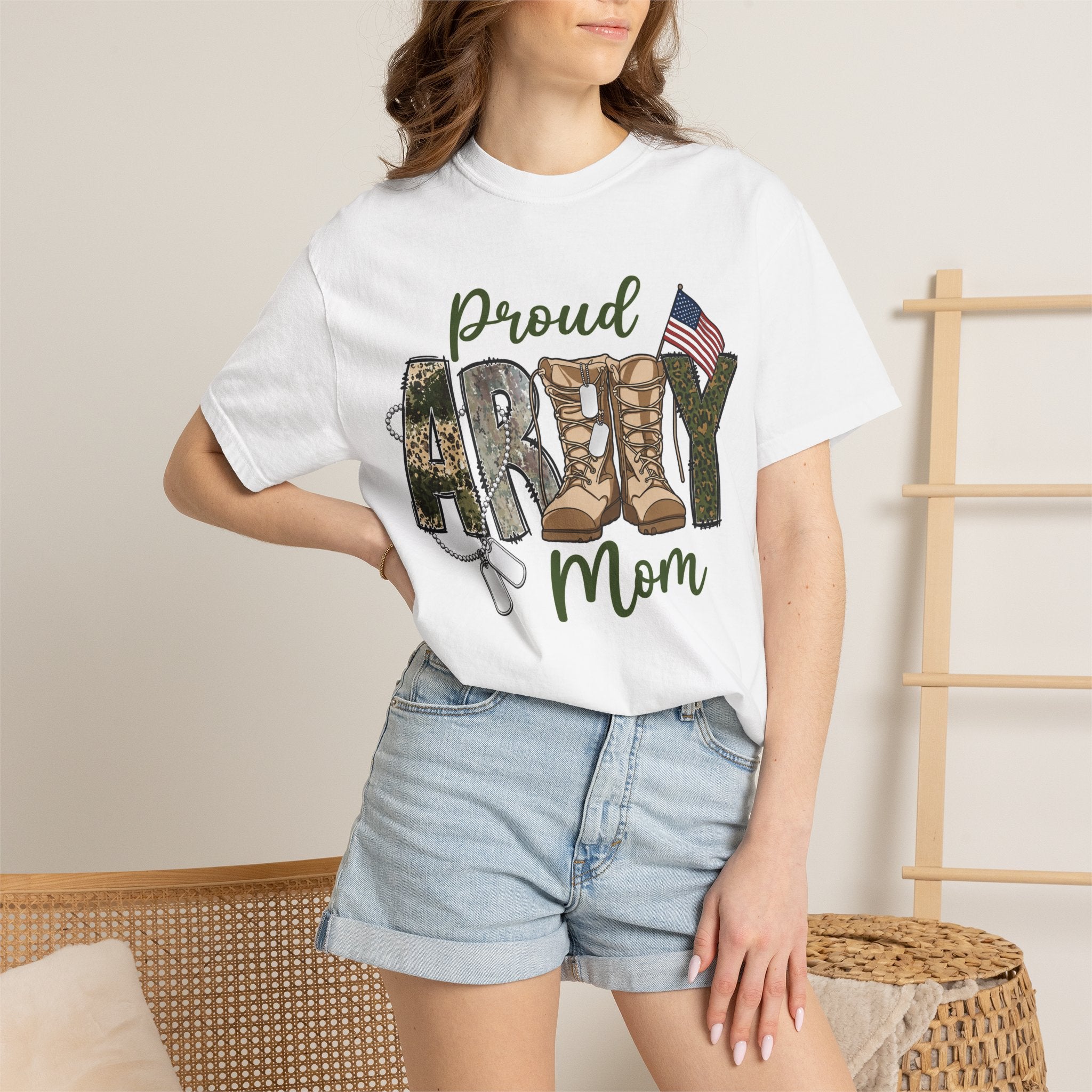 Proud Army Mom T-Shirt | Military Mom Graphic Tee, Flag & Boots Design