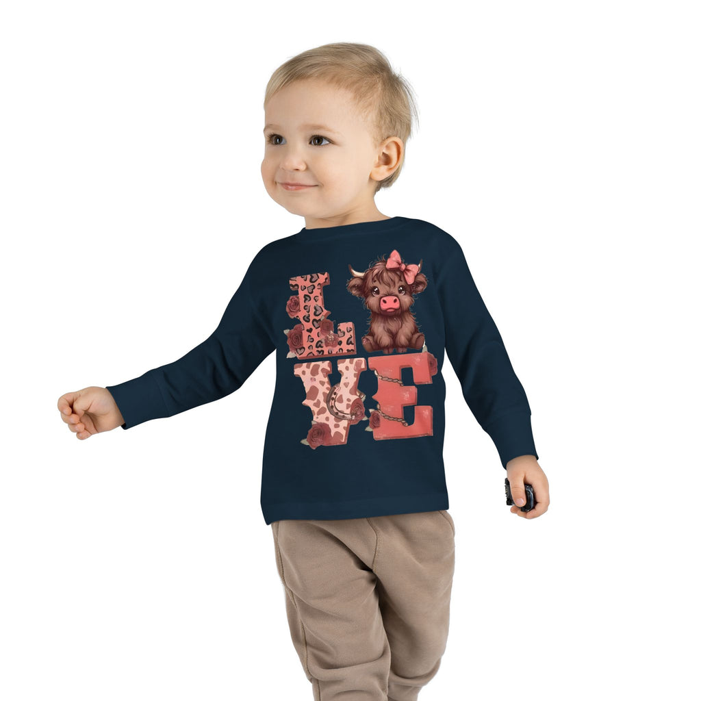 Love Cow Toddler Long Sleeve Tee — Cute Farm Animal Heart Design