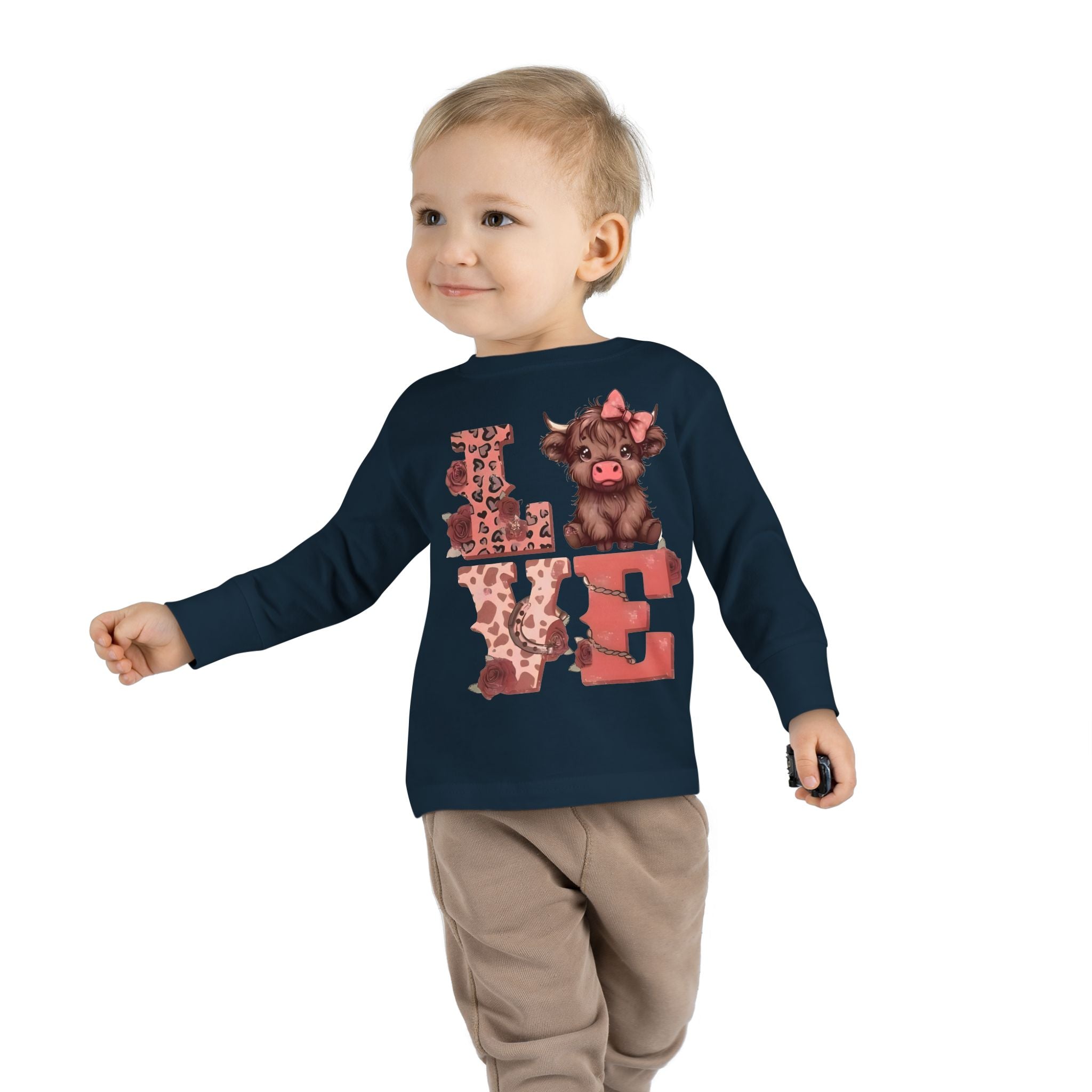 Love Cow Toddler Long Sleeve Tee — Cute Farm Animal Heart Design