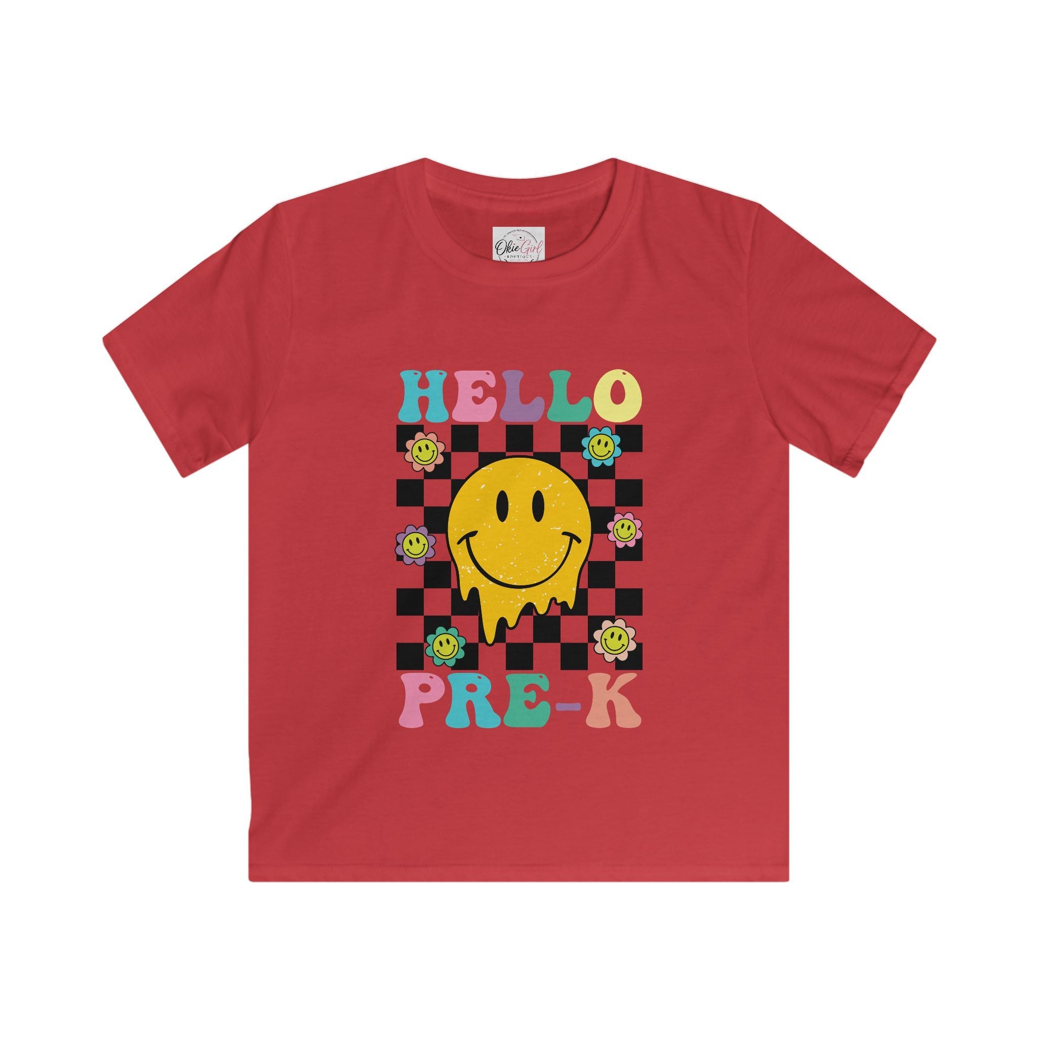 Hello Pre-K Kids T-Shirt — Colorful Smiley Checkerboard Preschool Tee