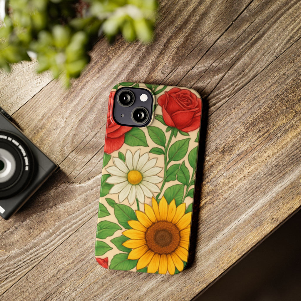 Floral Sunflower, Daisy & Rose Slim Phone Case — Vintage Botanical Pattern