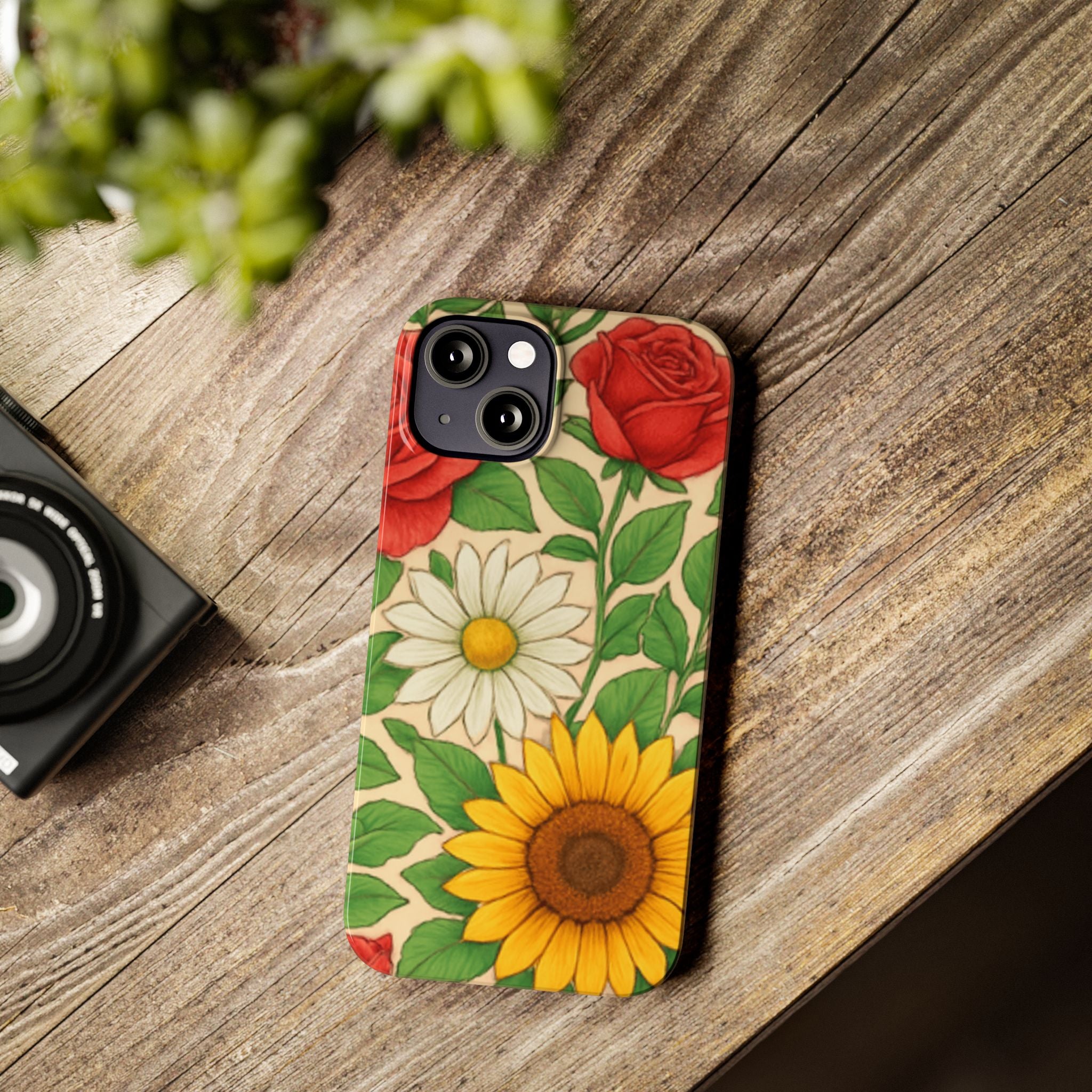 Floral Sunflower, Daisy & Rose Slim Phone Case — Vintage Botanical Pattern