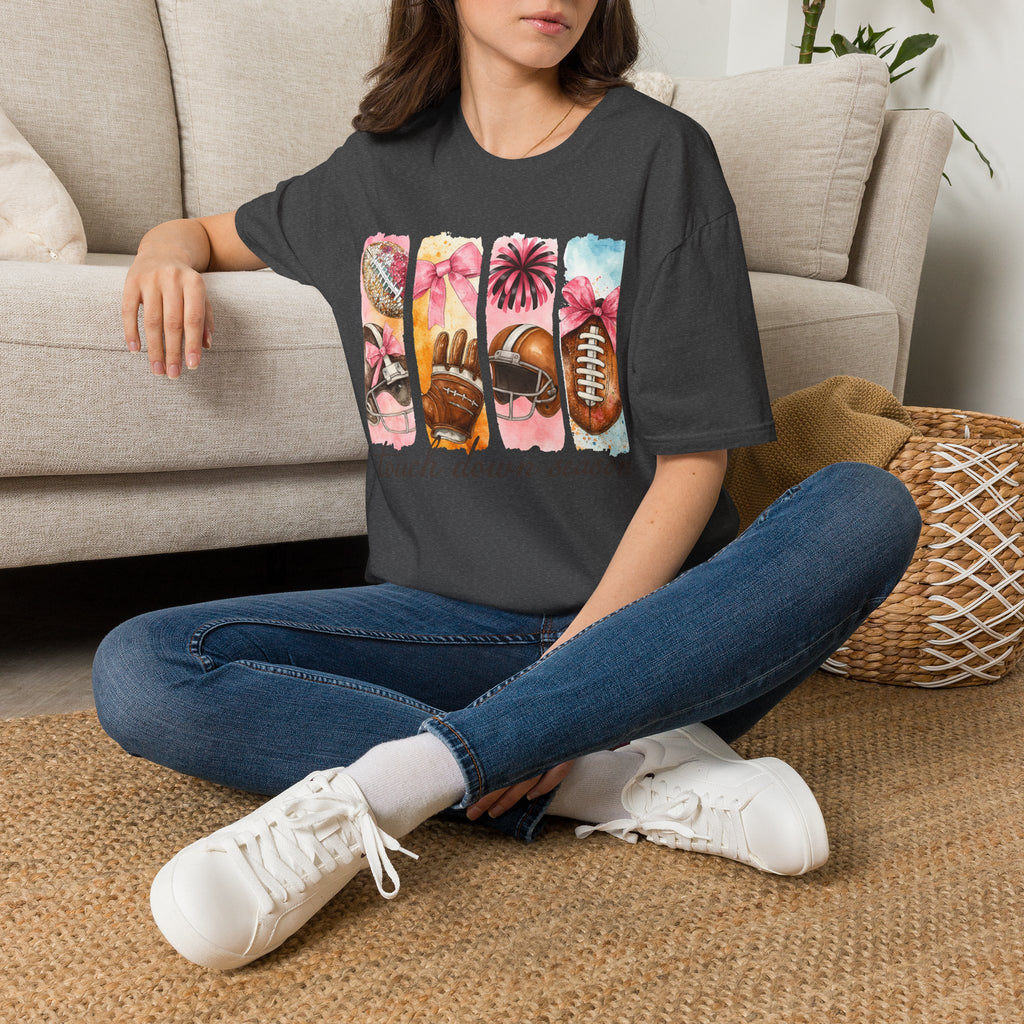 Touchdown Season Football T-Shirt — Pink Cheer & Helmet Graphic Tee