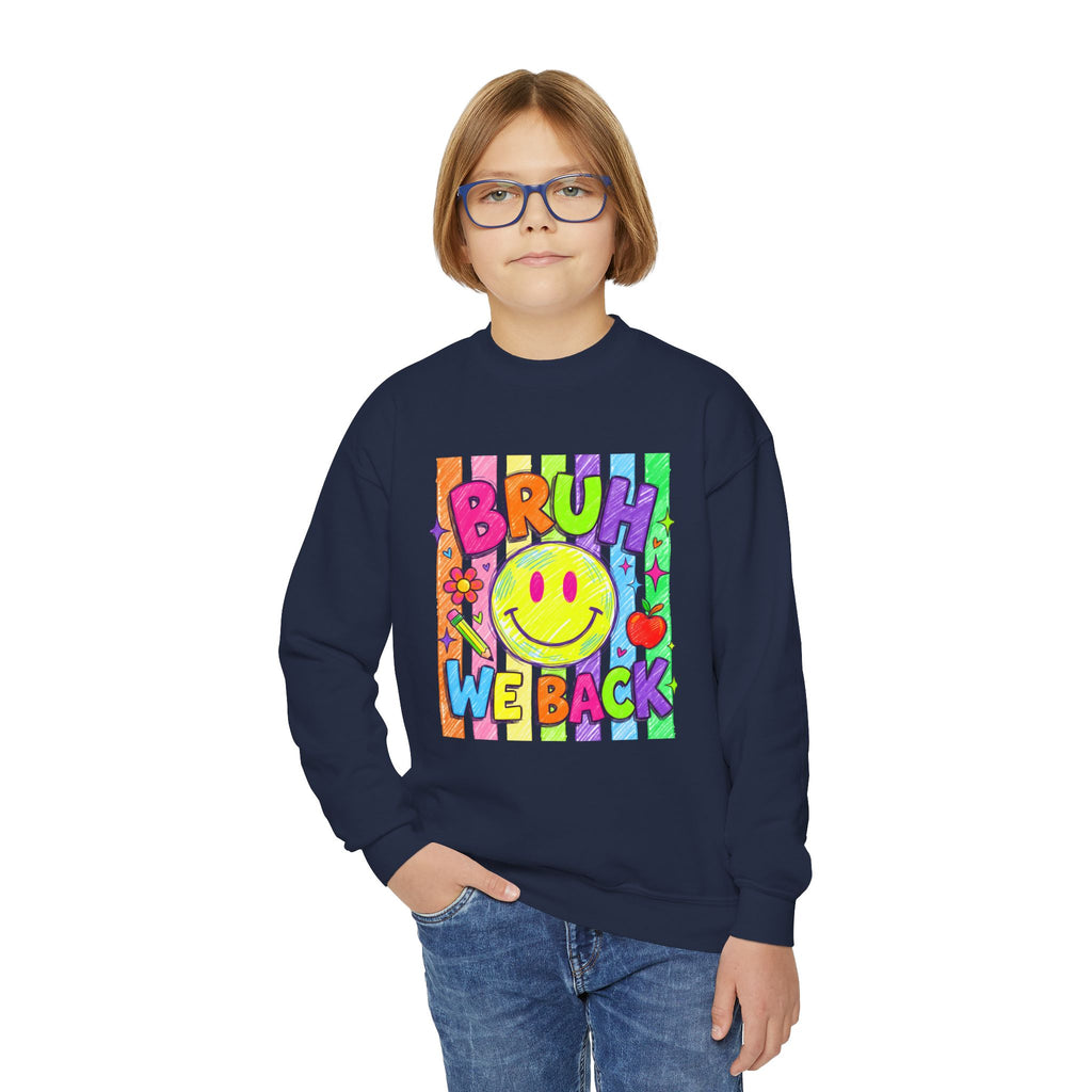 Youth Crewneck Sweatshirt — "Bruh We Back" Retro Smiley Graphic