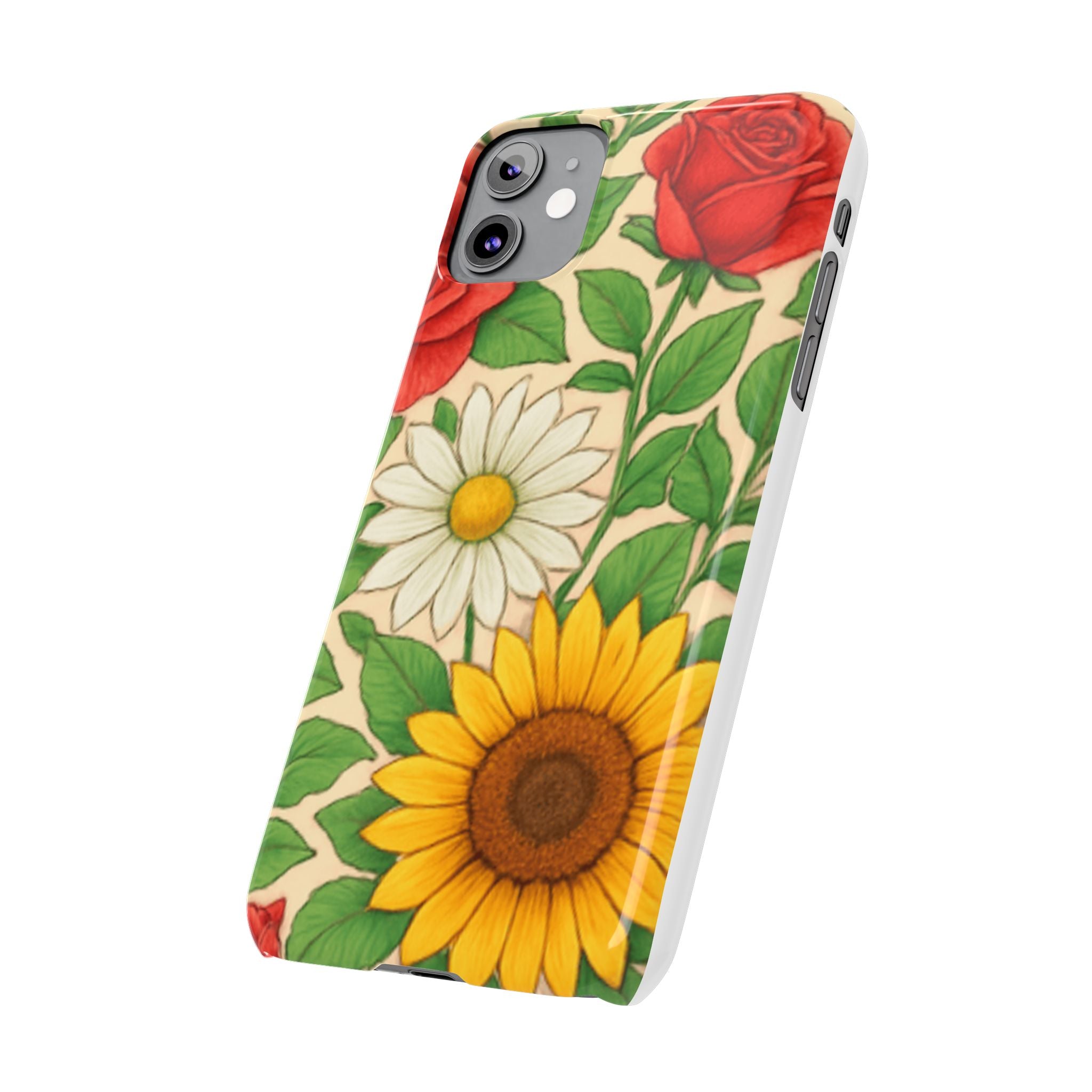 Floral Sunflower, Daisy & Rose Slim Phone Case — Vintage Botanical Pattern