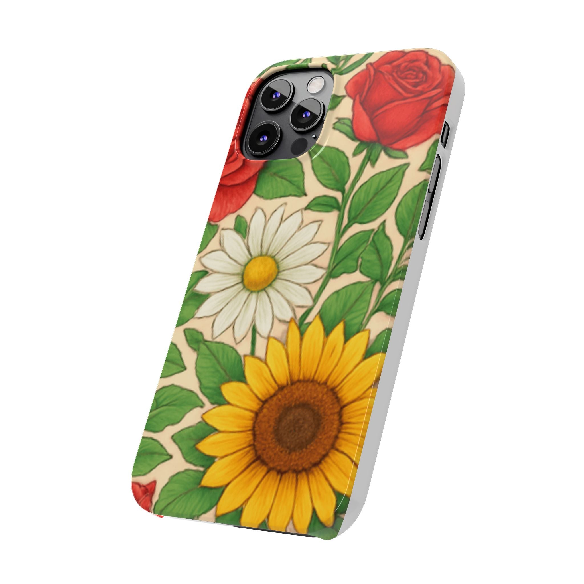 Floral Sunflower, Daisy & Rose Slim Phone Case — Vintage Botanical Pattern