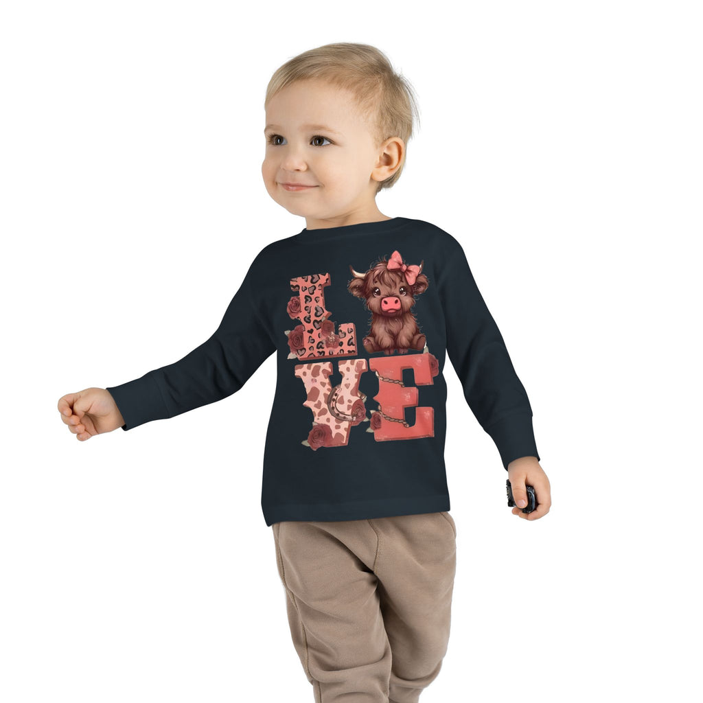 Love Cow Toddler Long Sleeve Tee — Cute Farm Animal Heart Design