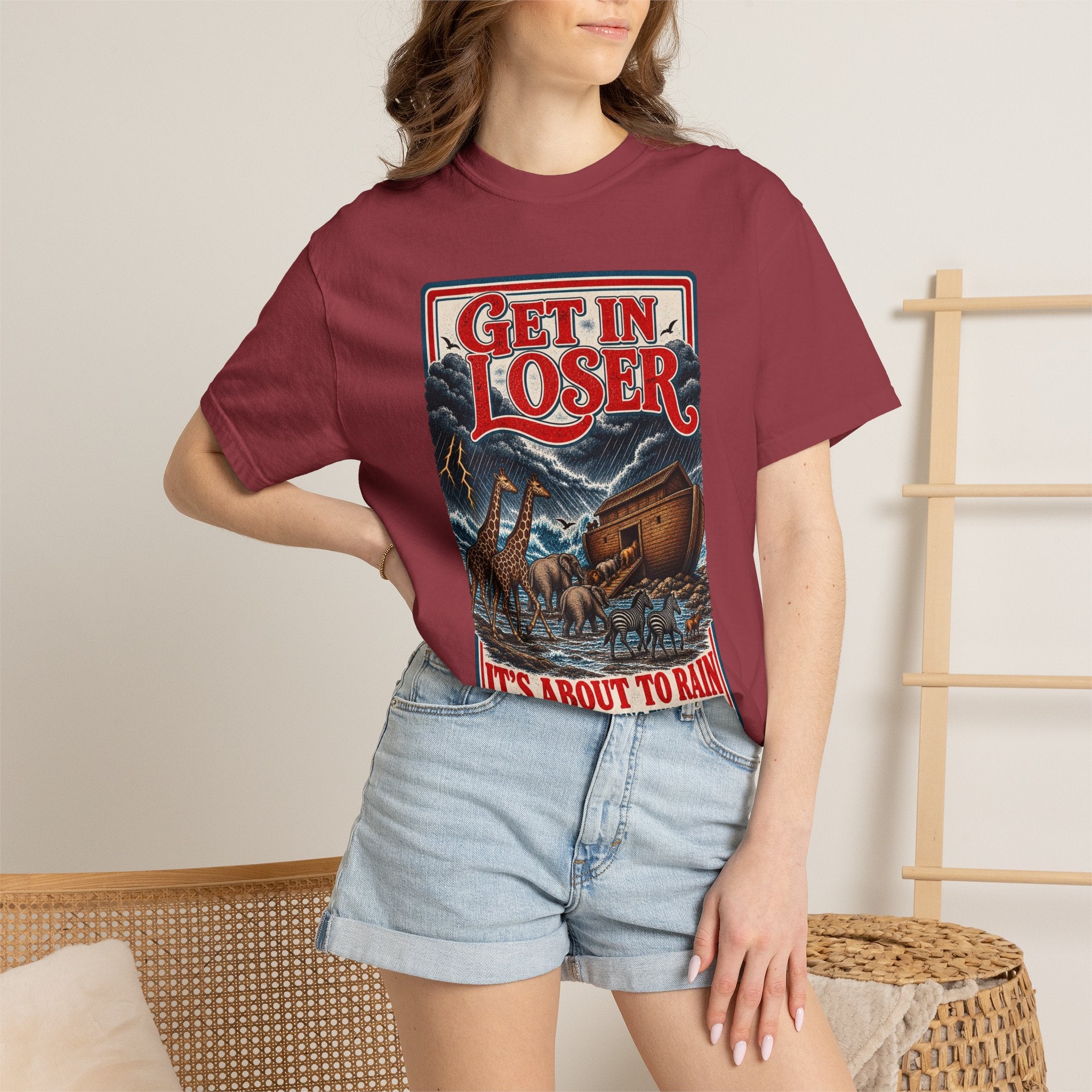 Get In Loser Noah's Ark Graphic T-Shirt — "It's About to Rain" Vintage Rescue Tee