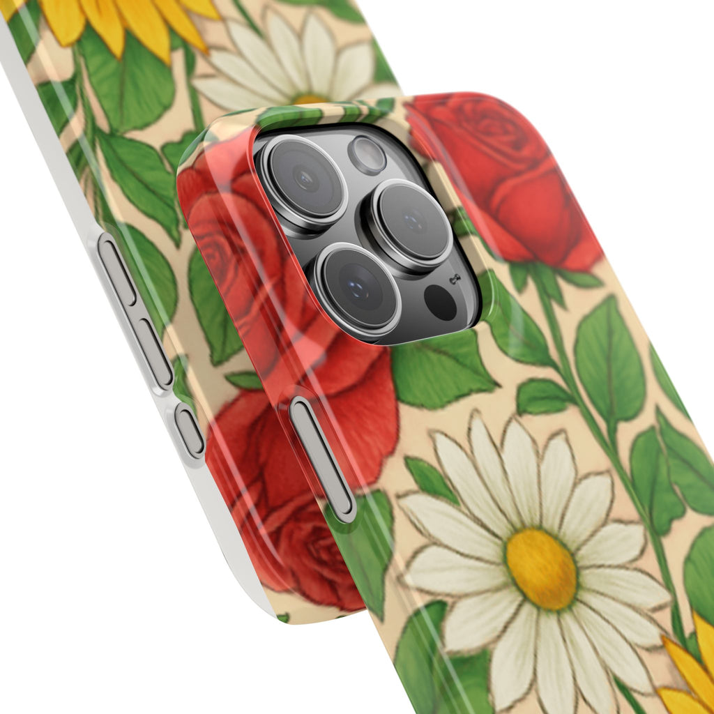 Floral Sunflower, Daisy & Rose Slim Phone Case — Vintage Botanical Pattern