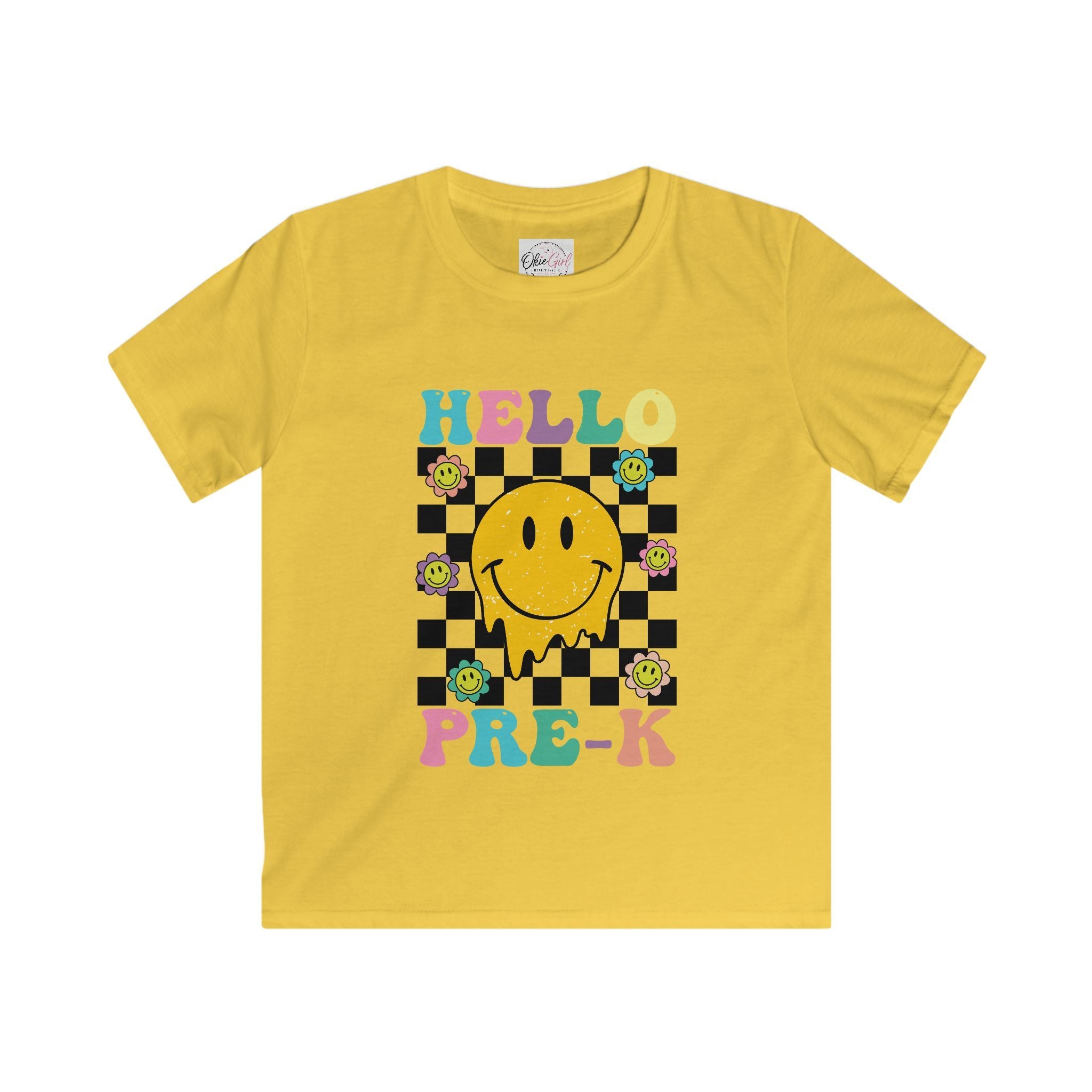 Hello Pre-K Kids T-Shirt — Colorful Smiley Checkerboard Preschool Tee