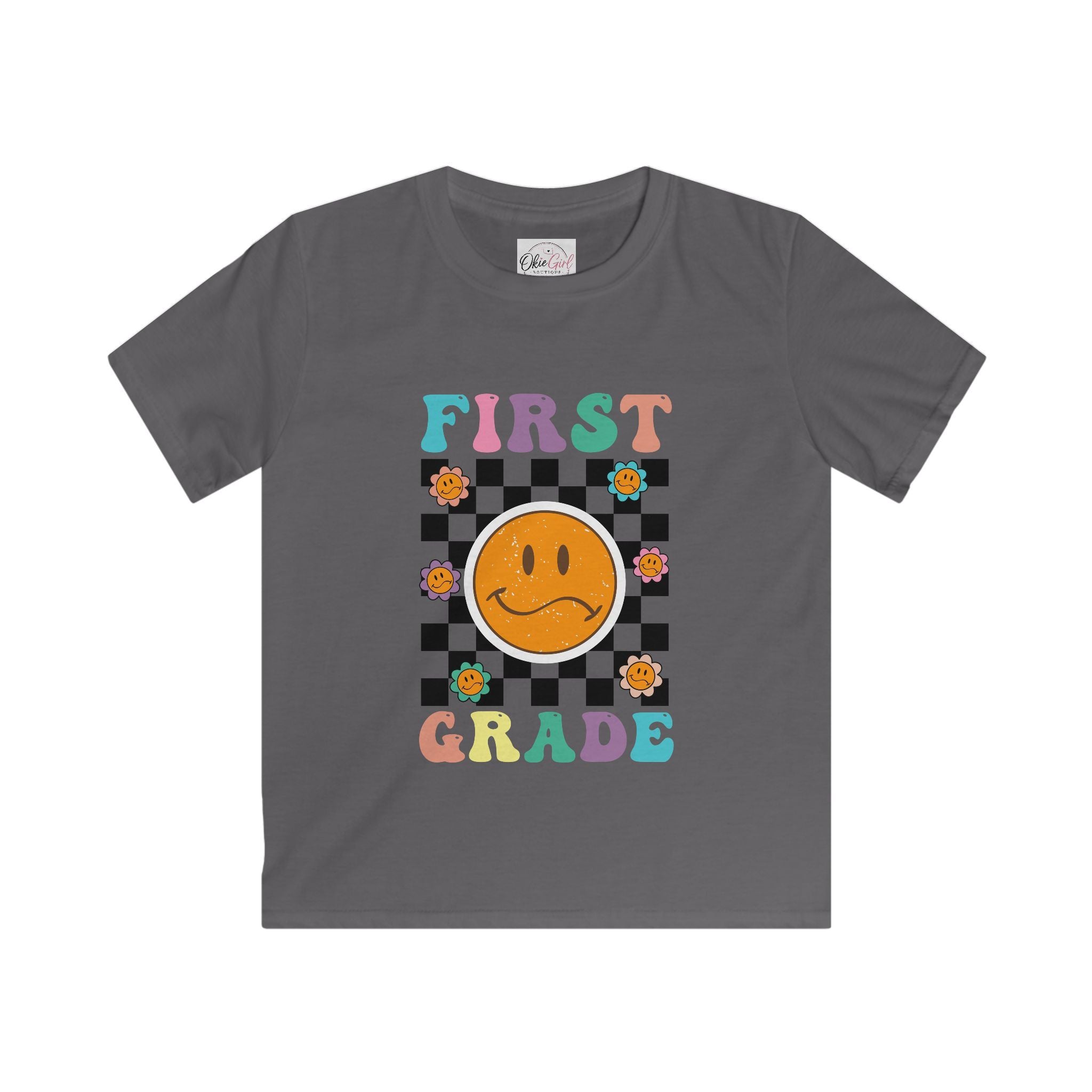 First Grade Kids T‑Shirt — Retro Checker Smiley Back to School Tee
