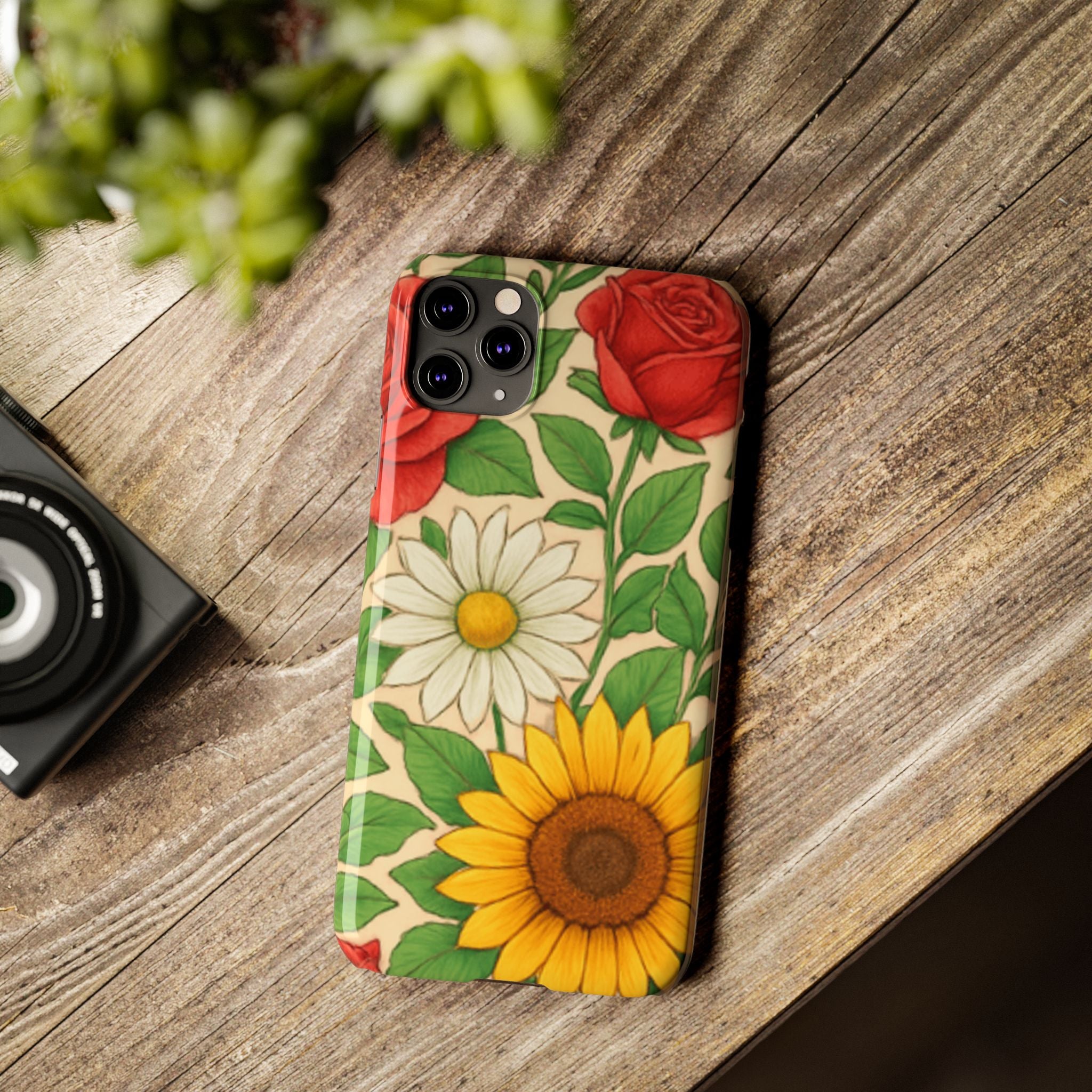 Floral Sunflower, Daisy & Rose Slim Phone Case — Vintage Botanical Pattern
