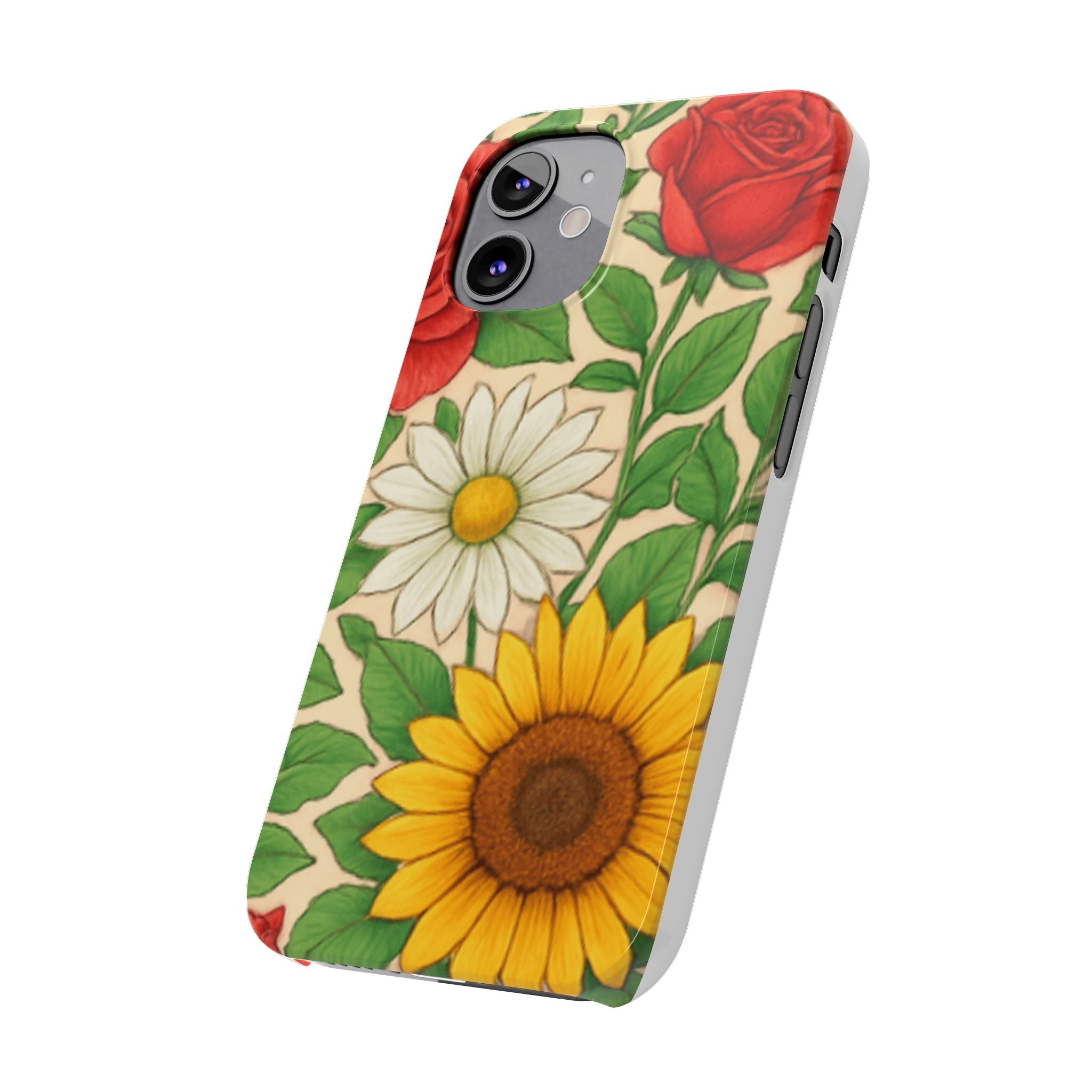 Floral Sunflower, Daisy & Rose Slim Phone Case — Vintage Botanical Pattern