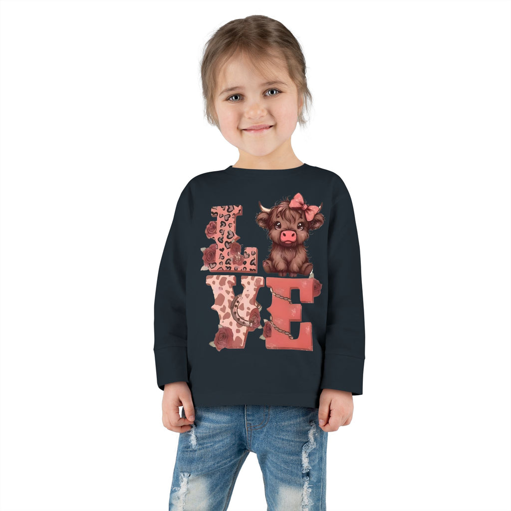 Love Cow Toddler Long Sleeve Tee — Cute Farm Animal Heart Design