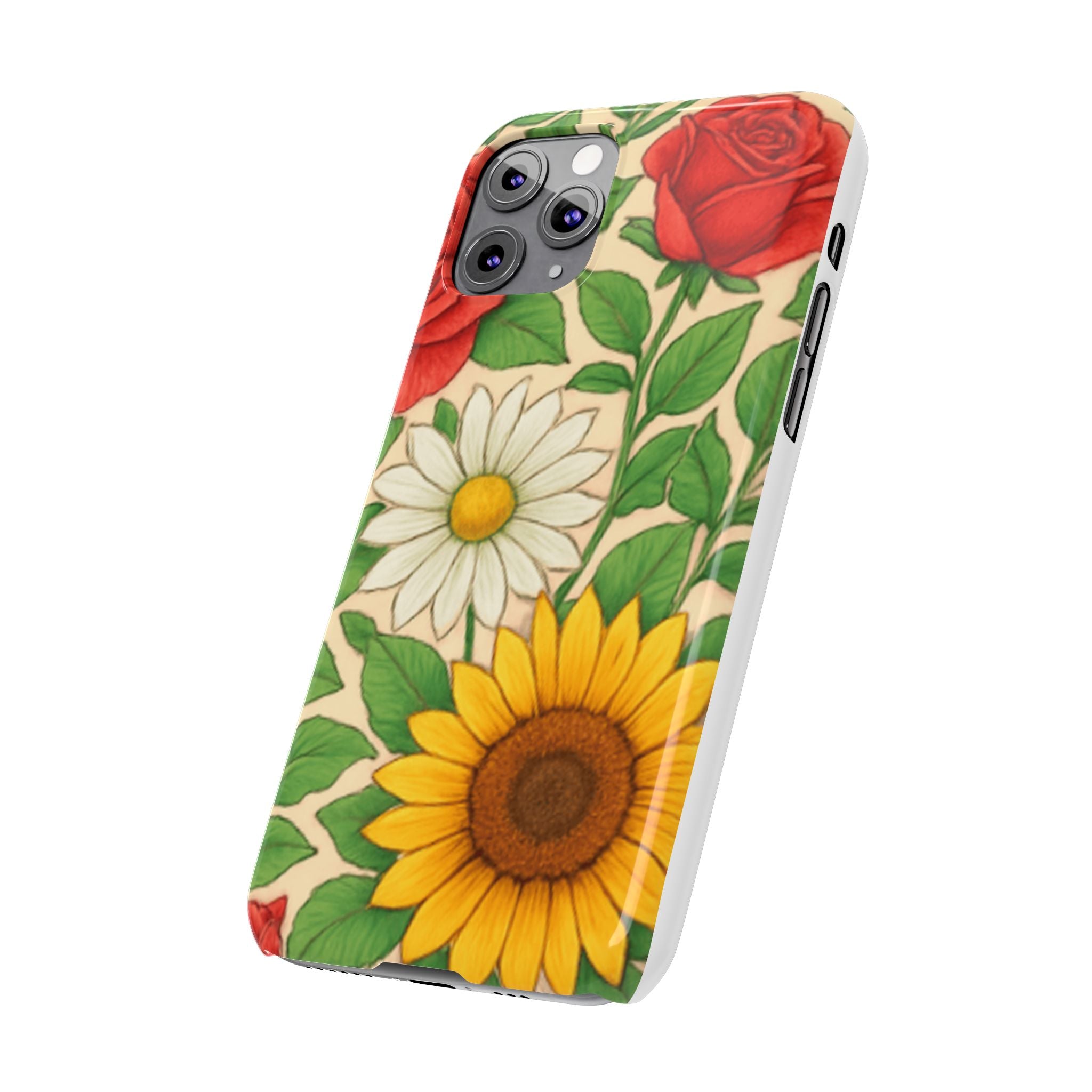 Floral Sunflower, Daisy & Rose Slim Phone Case — Vintage Botanical Pattern