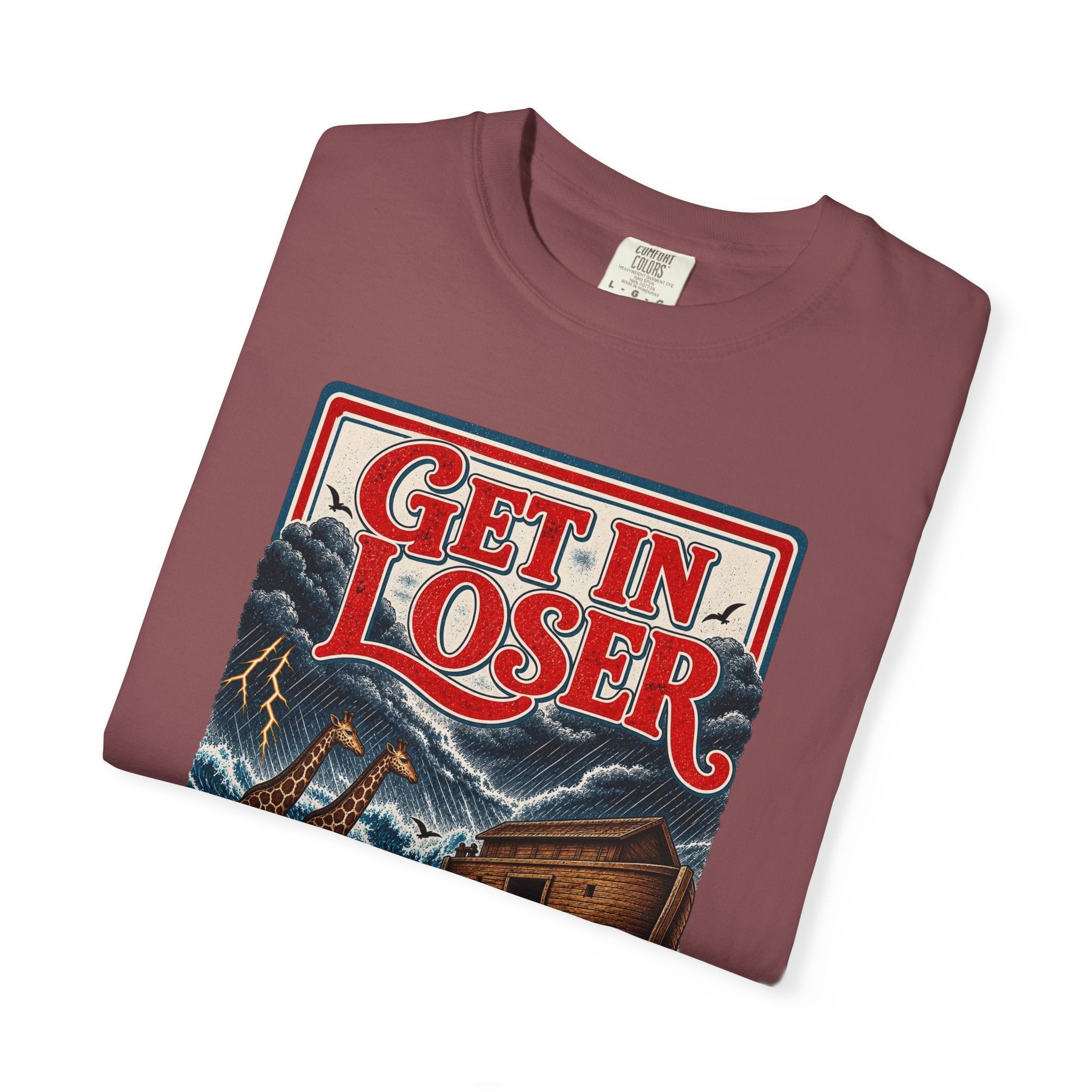Get In Loser Noah's Ark Graphic T-Shirt — "It's About to Rain" Vintage Rescue Tee