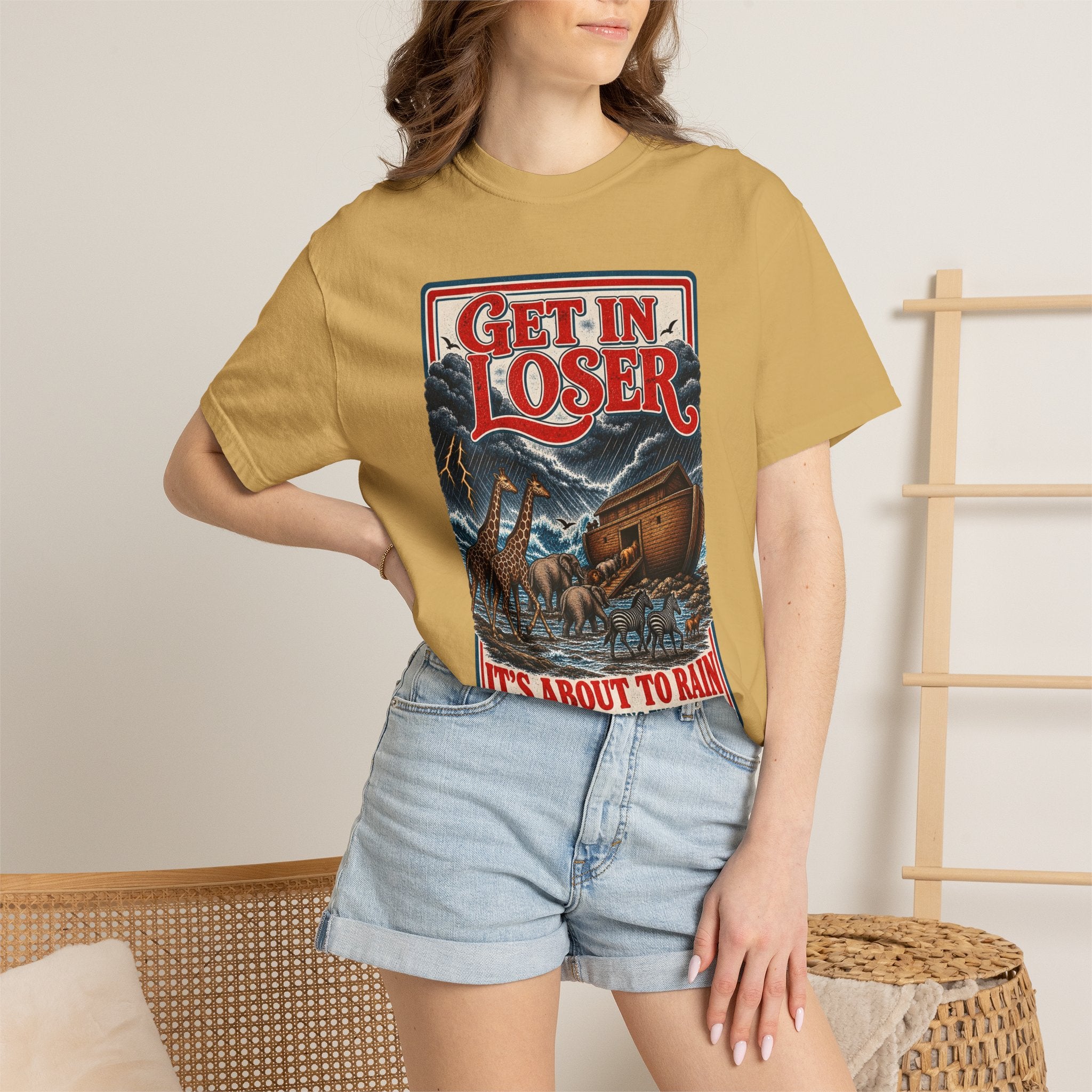 Get In Loser Noah's Ark Graphic T-Shirt — "It's About to Rain" Vintage Rescue Tee