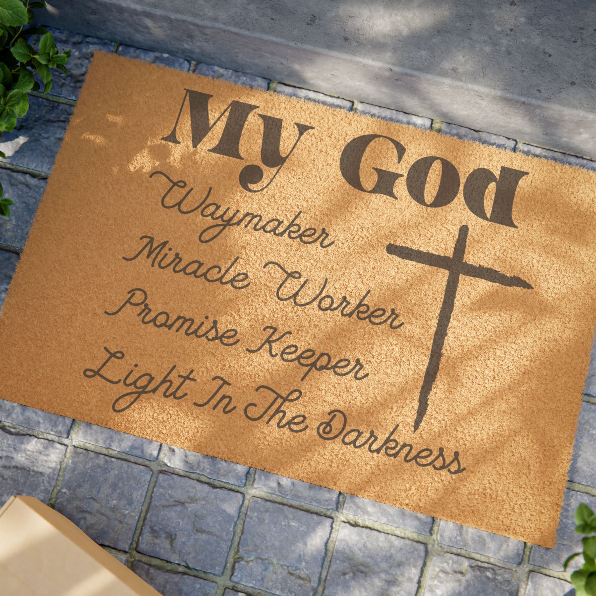 Christian Welcome Doormat — "My God" Cross & Inspirational Words