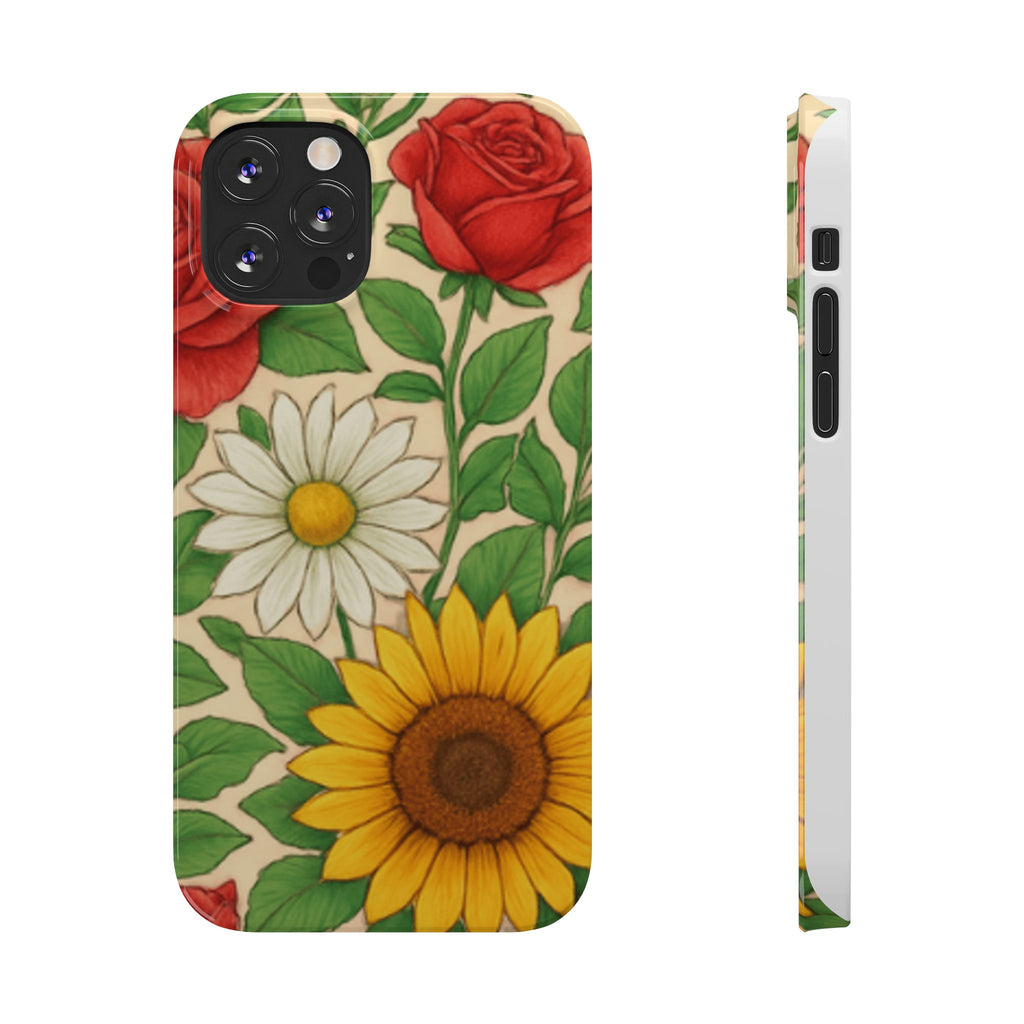 Floral Sunflower, Daisy & Rose Slim Phone Case — Vintage Botanical Pattern