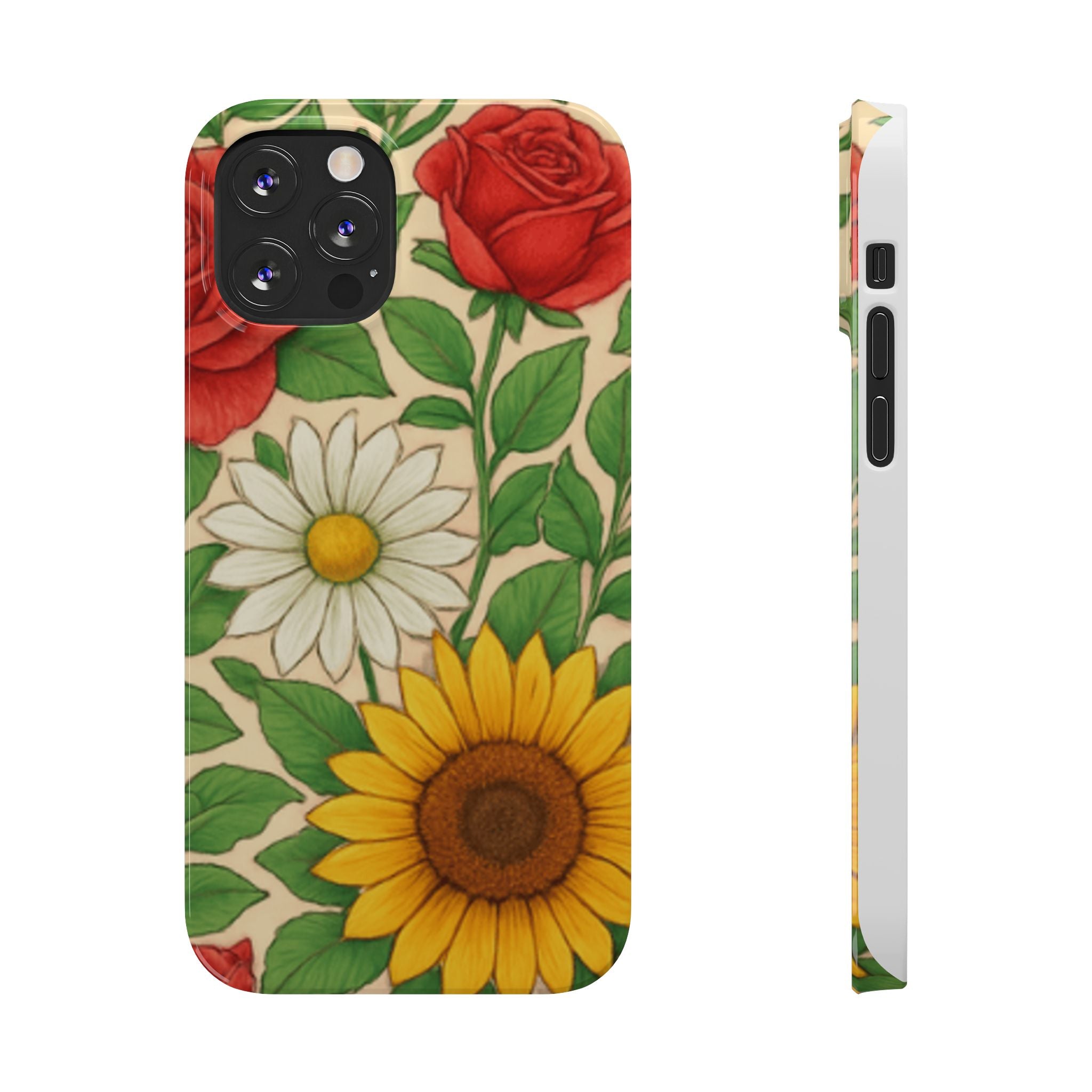 Floral Sunflower, Daisy & Rose Slim Phone Case — Vintage Botanical Pattern