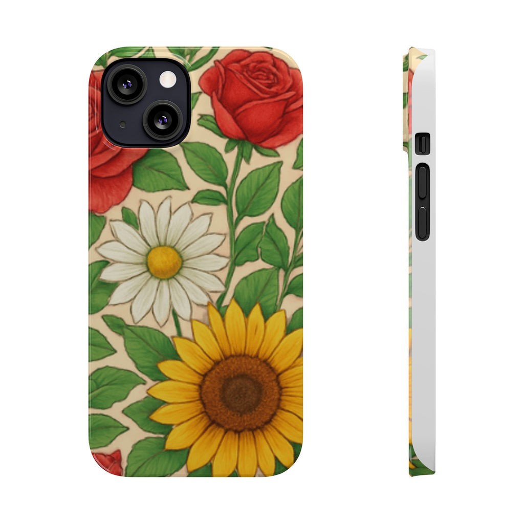 Floral Sunflower, Daisy & Rose Slim Phone Case — Vintage Botanical Pattern