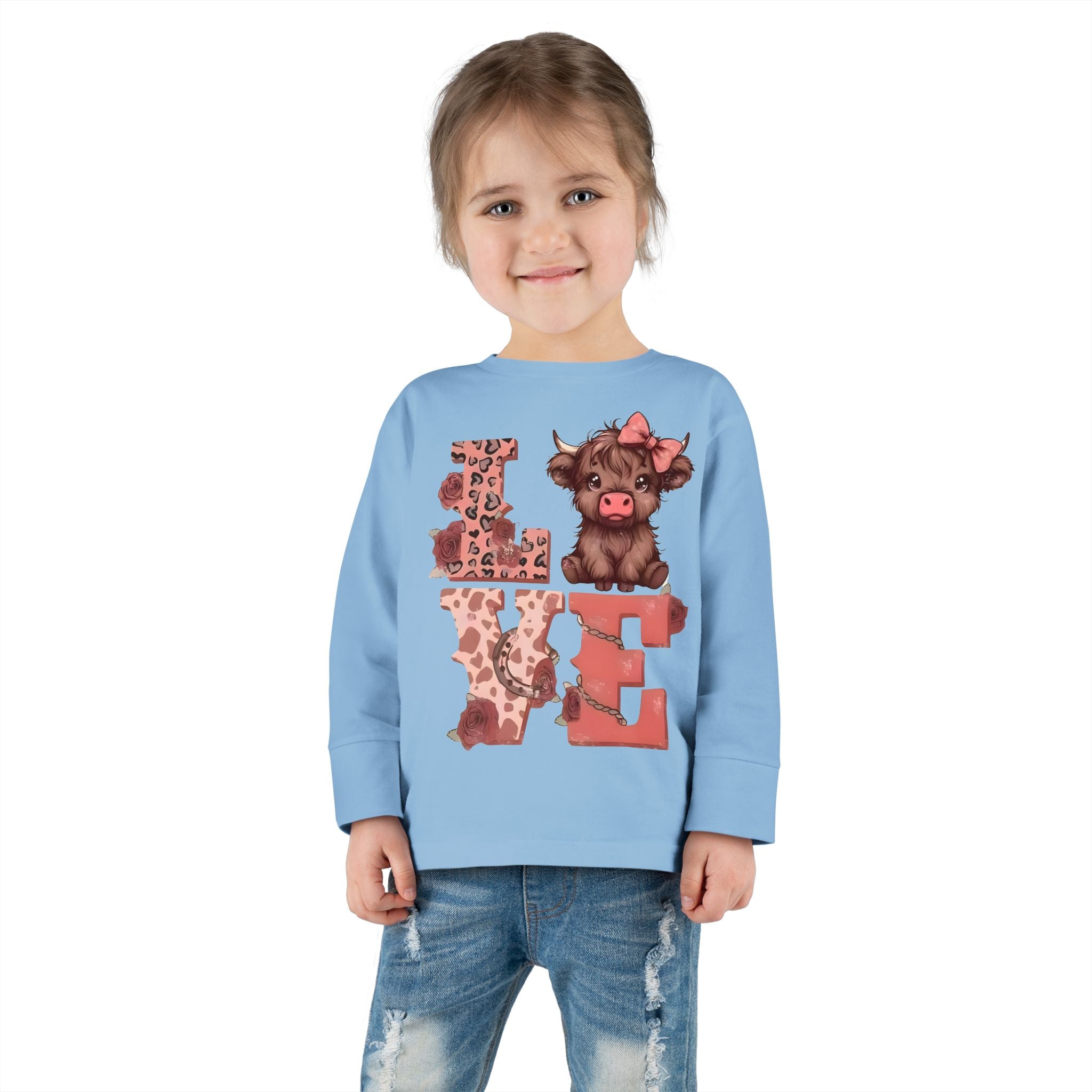 Love Cow Toddler Long Sleeve Tee — Cute Farm Animal Heart Design
