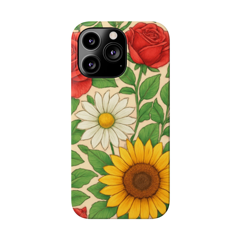 Floral Sunflower, Daisy & Rose Slim Phone Case — Vintage Botanical Pattern