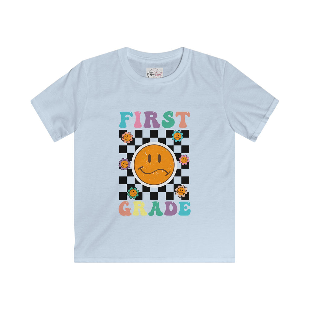 First Grade Kids T‑Shirt — Retro Checker Smiley Back to School Tee