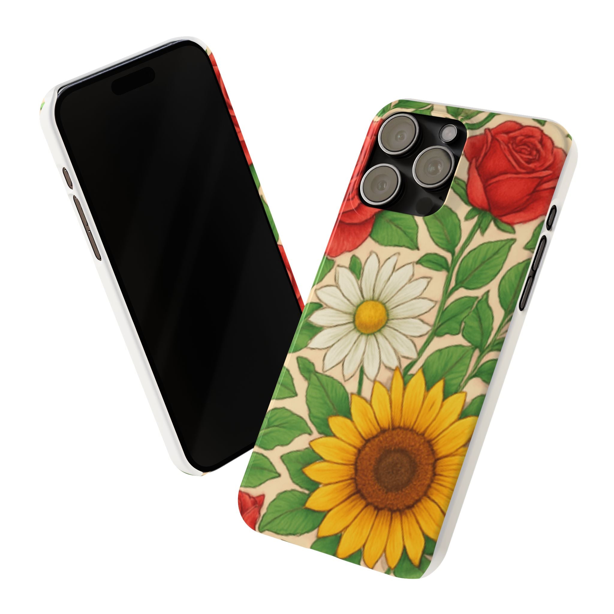 Floral Sunflower, Daisy & Rose Slim Phone Case — Vintage Botanical Pattern