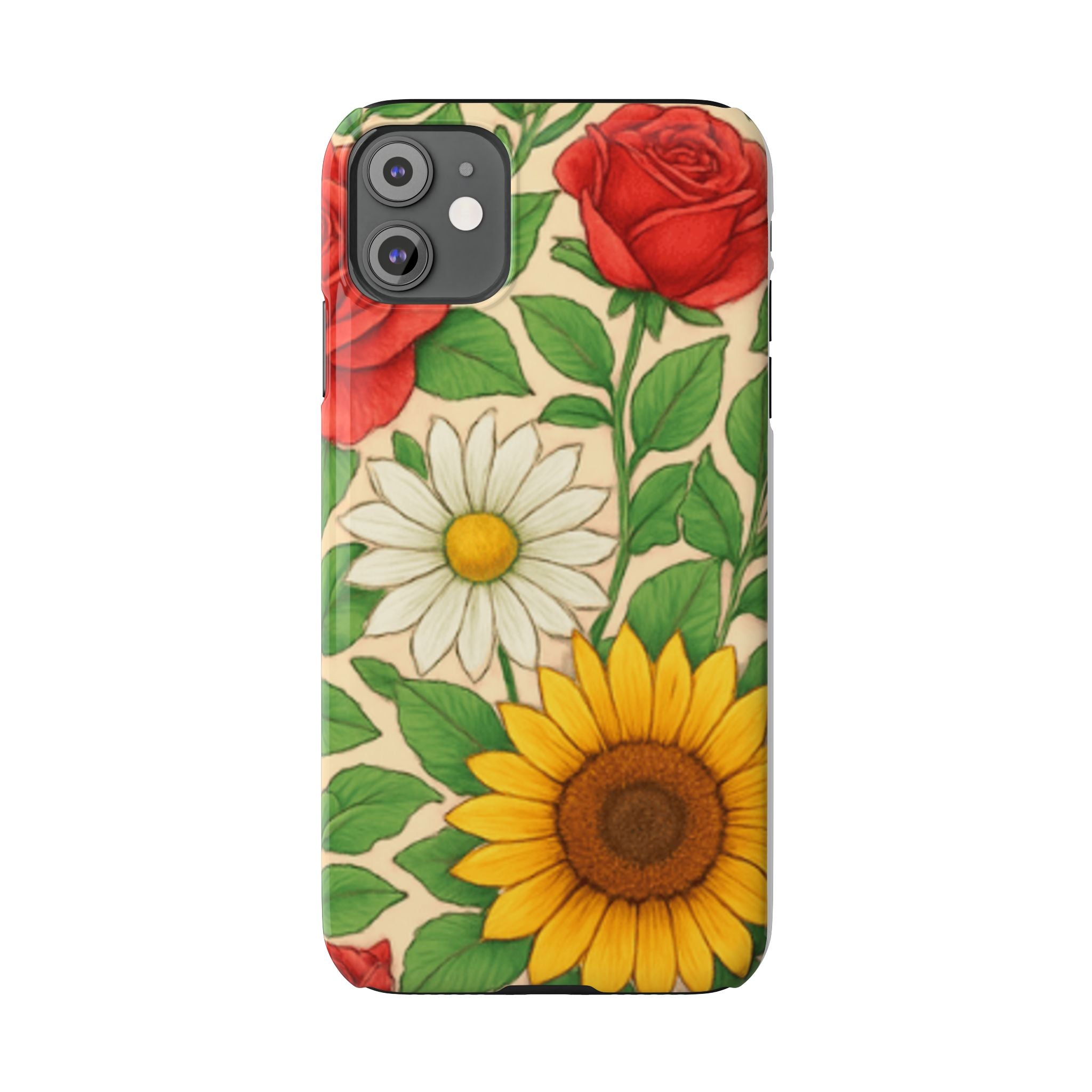 Floral Sunflower, Daisy & Rose Slim Phone Case — Vintage Botanical Pattern