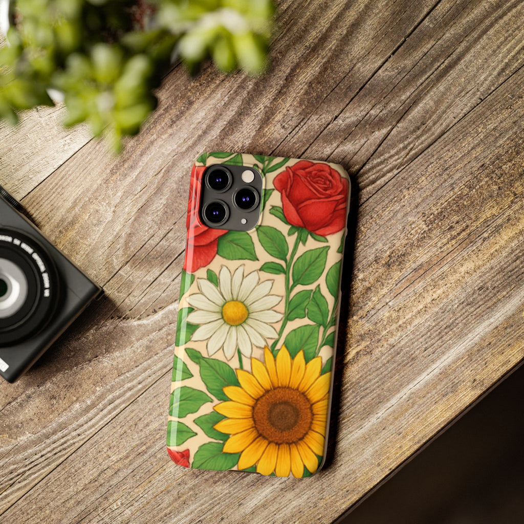 Floral Sunflower, Daisy & Rose Slim Phone Case — Vintage Botanical Pattern