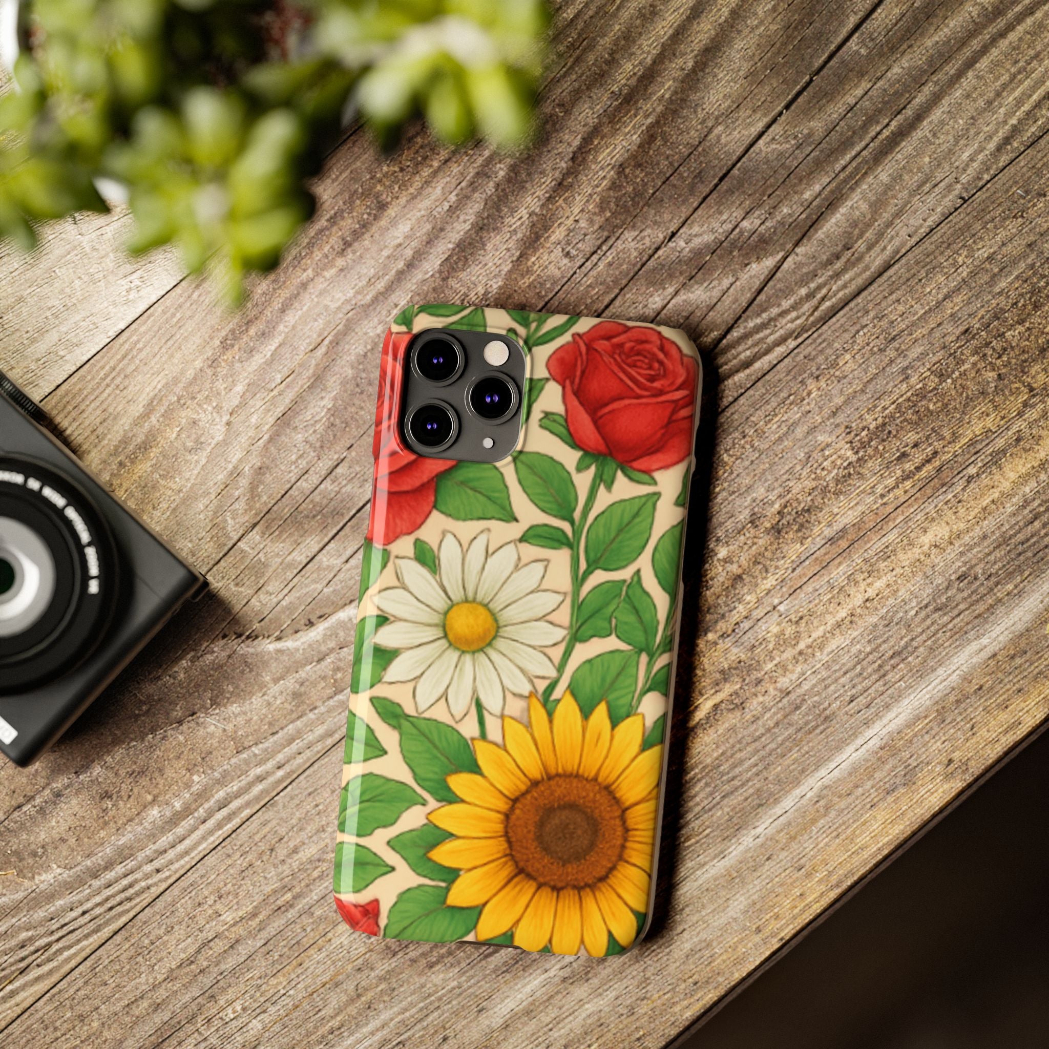 Floral Sunflower, Daisy & Rose Slim Phone Case — Vintage Botanical Pattern