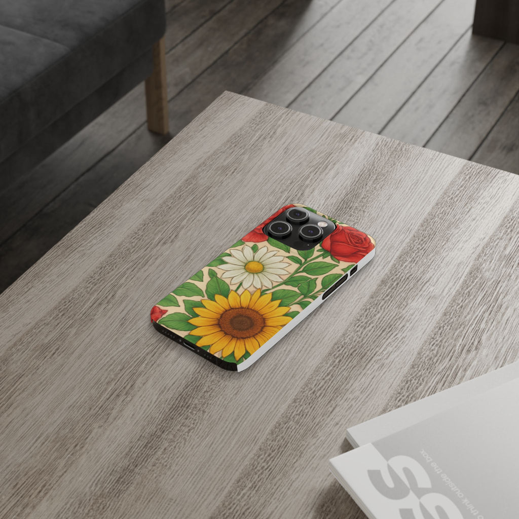 Floral Sunflower, Daisy & Rose Slim Phone Case — Vintage Botanical Pattern