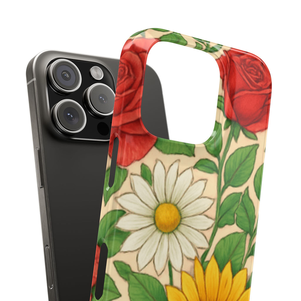 Floral Sunflower, Daisy & Rose Slim Phone Case — Vintage Botanical Pattern