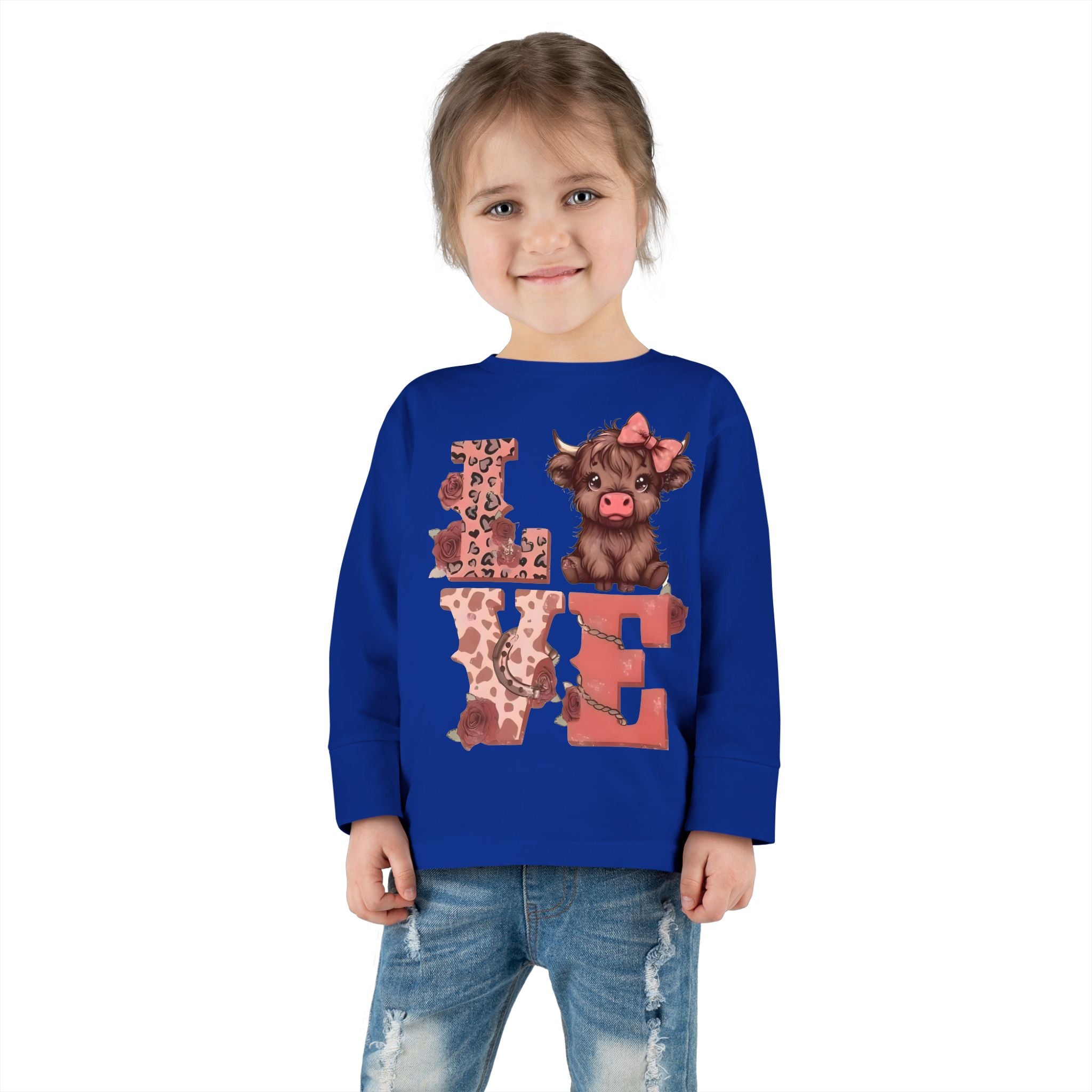 Love Cow Toddler Long Sleeve Tee — Cute Farm Animal Heart Design