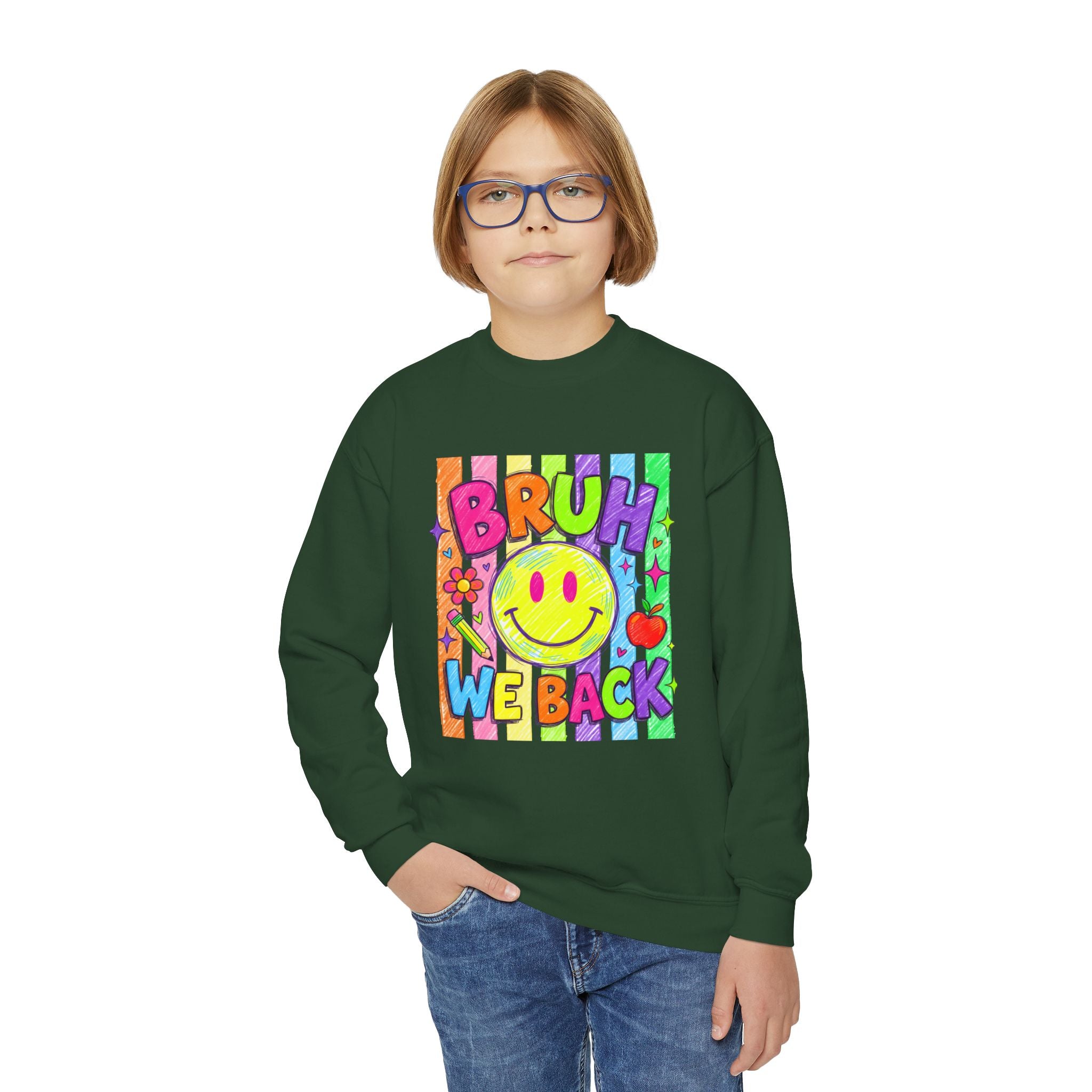 Youth Crewneck Sweatshirt — "Bruh We Back" Retro Smiley Graphic