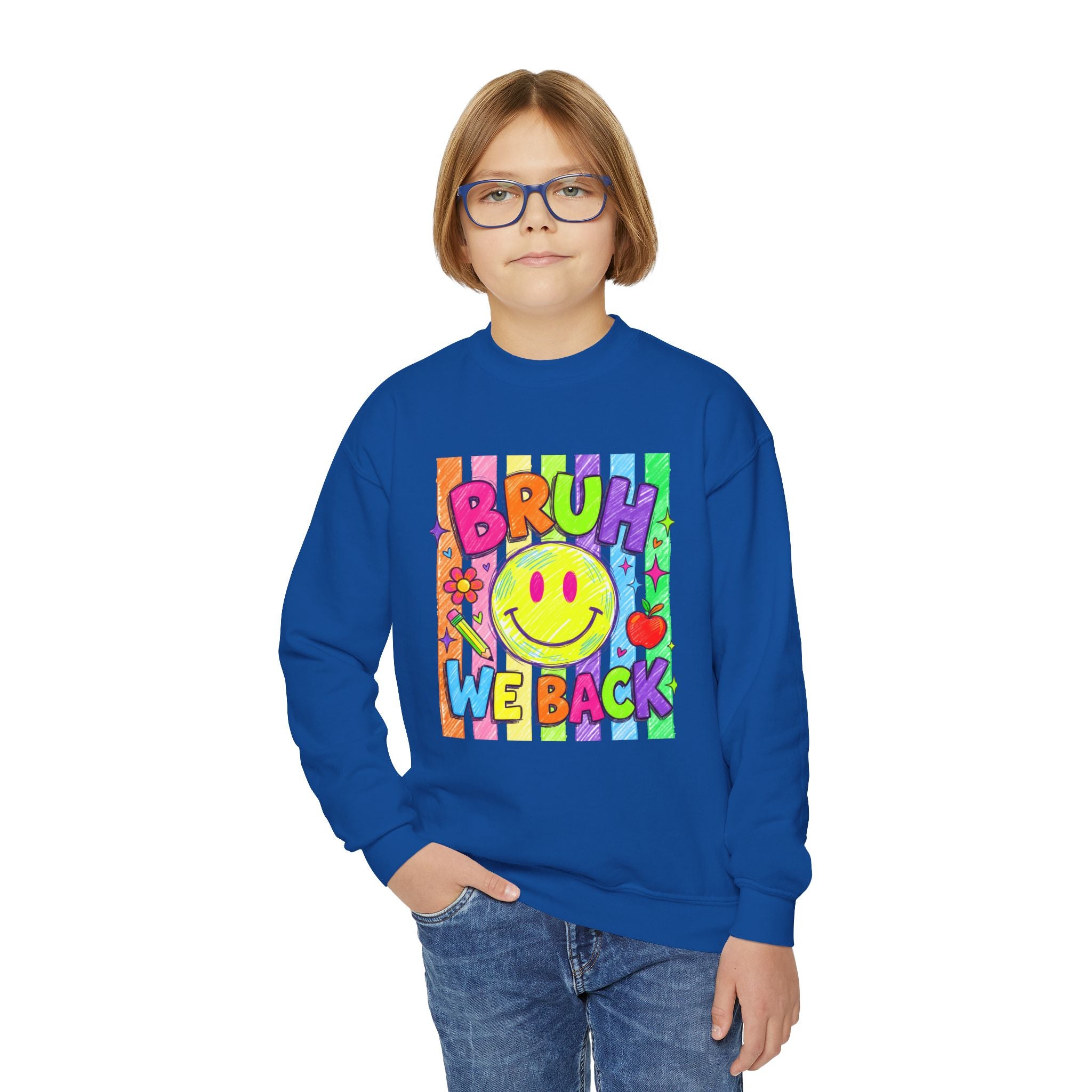 Youth Crewneck Sweatshirt — "Bruh We Back" Retro Smiley Graphic