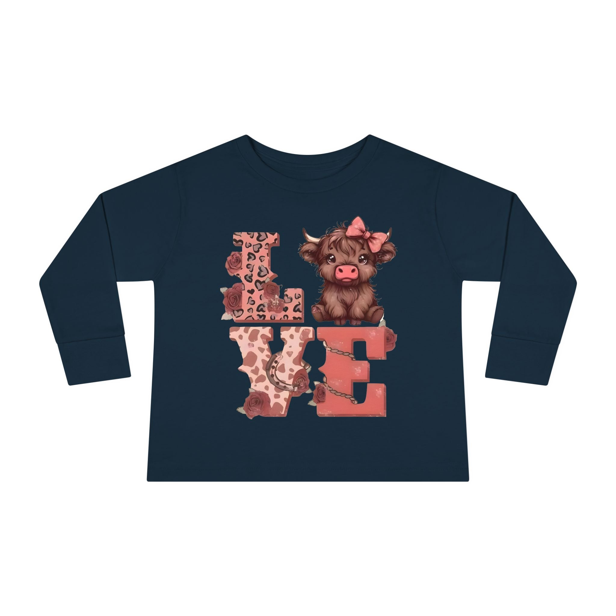 Love Cow Toddler Long Sleeve Tee — Cute Farm Animal Heart Design