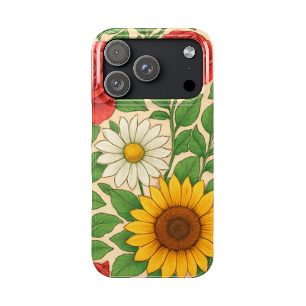 Floral Sunflower, Daisy & Rose Slim Phone Case — Vintage Botanical Pattern