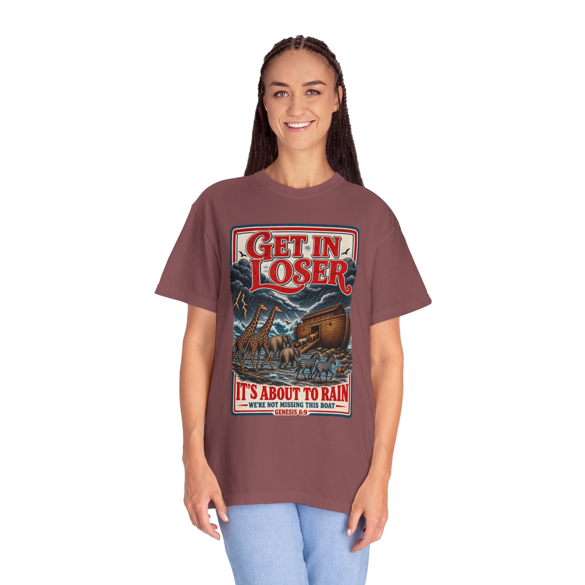 Get In Loser Noah's Ark Graphic T-Shirt — "It's About to Rain" Vintage Rescue Tee
