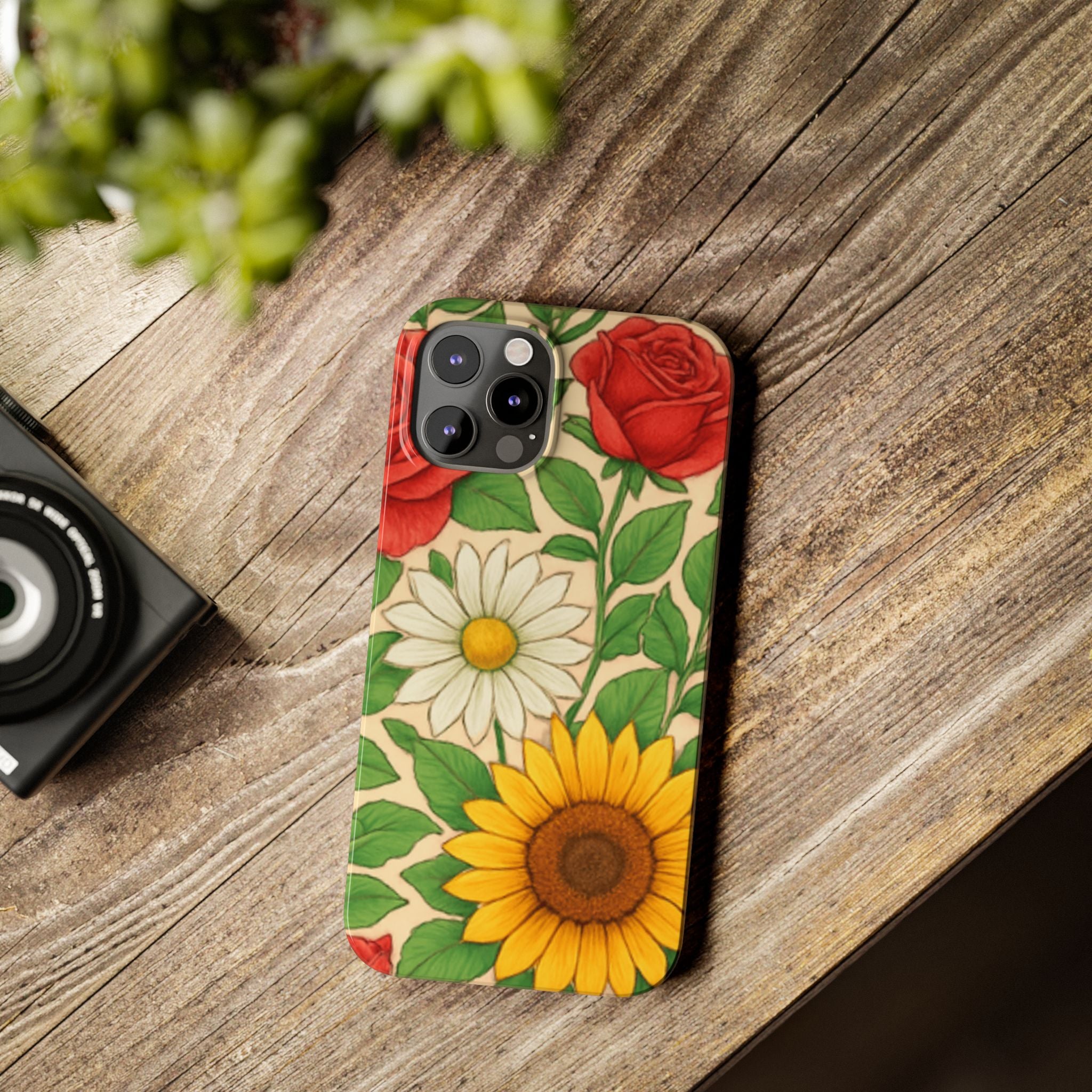 Floral Sunflower, Daisy & Rose Slim Phone Case — Vintage Botanical Pattern