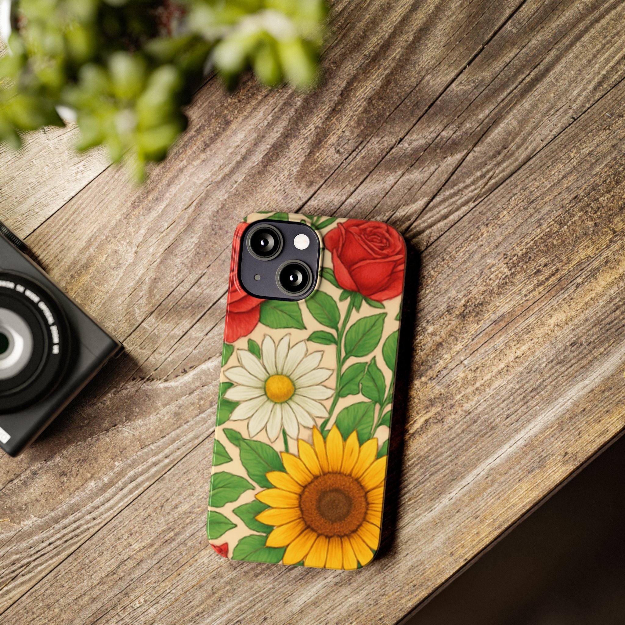 Floral Sunflower, Daisy & Rose Slim Phone Case — Vintage Botanical Pattern