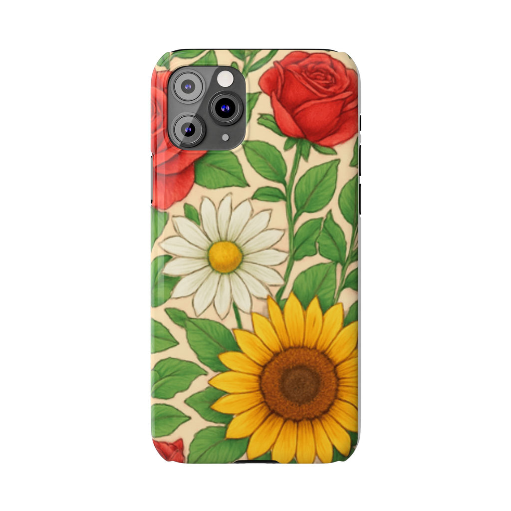 Floral Sunflower, Daisy & Rose Slim Phone Case — Vintage Botanical Pattern