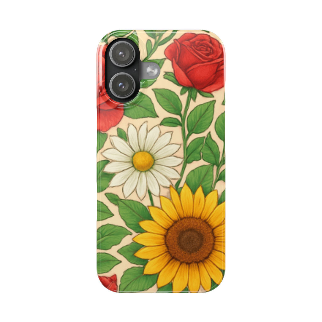 Floral Sunflower, Daisy & Rose Slim Phone Case — Vintage Botanical Pattern