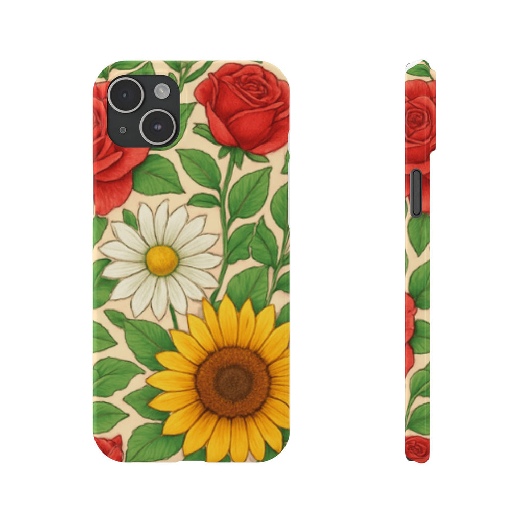 Floral Sunflower, Daisy & Rose Slim Phone Case — Vintage Botanical Pattern