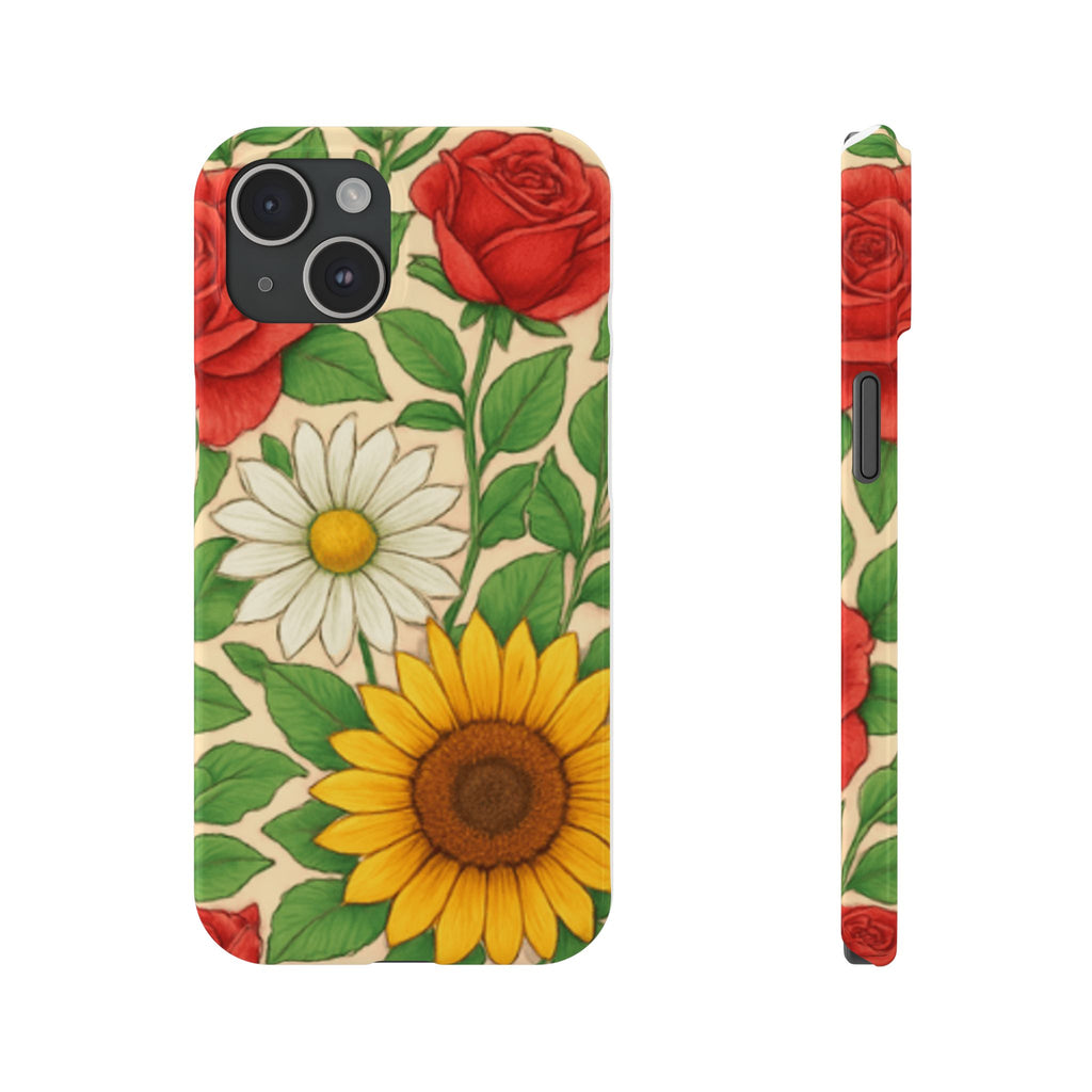 Floral Sunflower, Daisy & Rose Slim Phone Case — Vintage Botanical Pattern