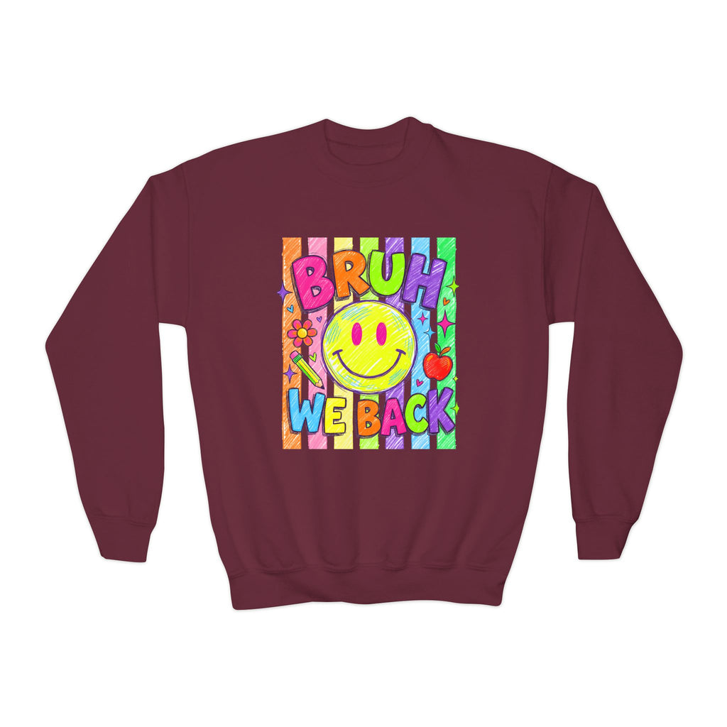 Youth Crewneck Sweatshirt — "Bruh We Back" Retro Smiley Graphic