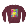 Youth Crewneck Sweatshirt — "Bruh We Back" Retro Smiley Graphic