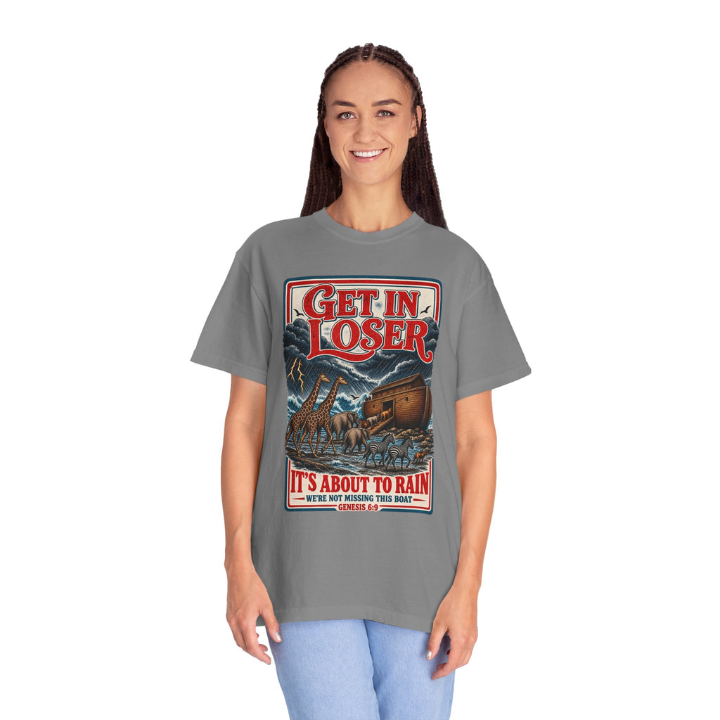 Get In Loser Noah's Ark Graphic T-Shirt — "It's About to Rain" Vintage Rescue Tee